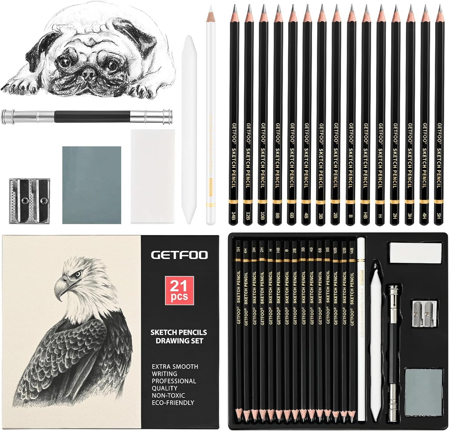 21pc Drawing Sketching Pencil Set Graphite 14B-5H & Charcoal Pencils | Professional Drawing & Sketch Pencil Set, White Charcoal Included, Shading & Blending, for Beginners & Artists