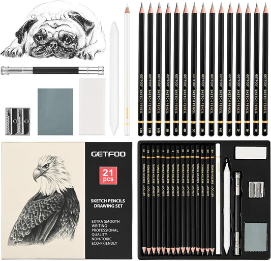 21pc Drawing Sketching Pencil Set Graphite 14B-5H & Charcoal Pencils | Professional Drawing & Sketch Pencil Set, White Charcoal Included, Shading & Blending, for Beginners & Artists