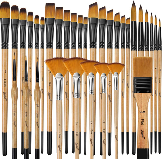 Bougimal 33 Pcs Paint Brush Set, No-Shedding Artist Paint Brushes | Art Paint Brushes with Flat Round Filbert Fan Angle Detail Brush for Acrylic, Oil, Watercolor, for Artists & Beginners