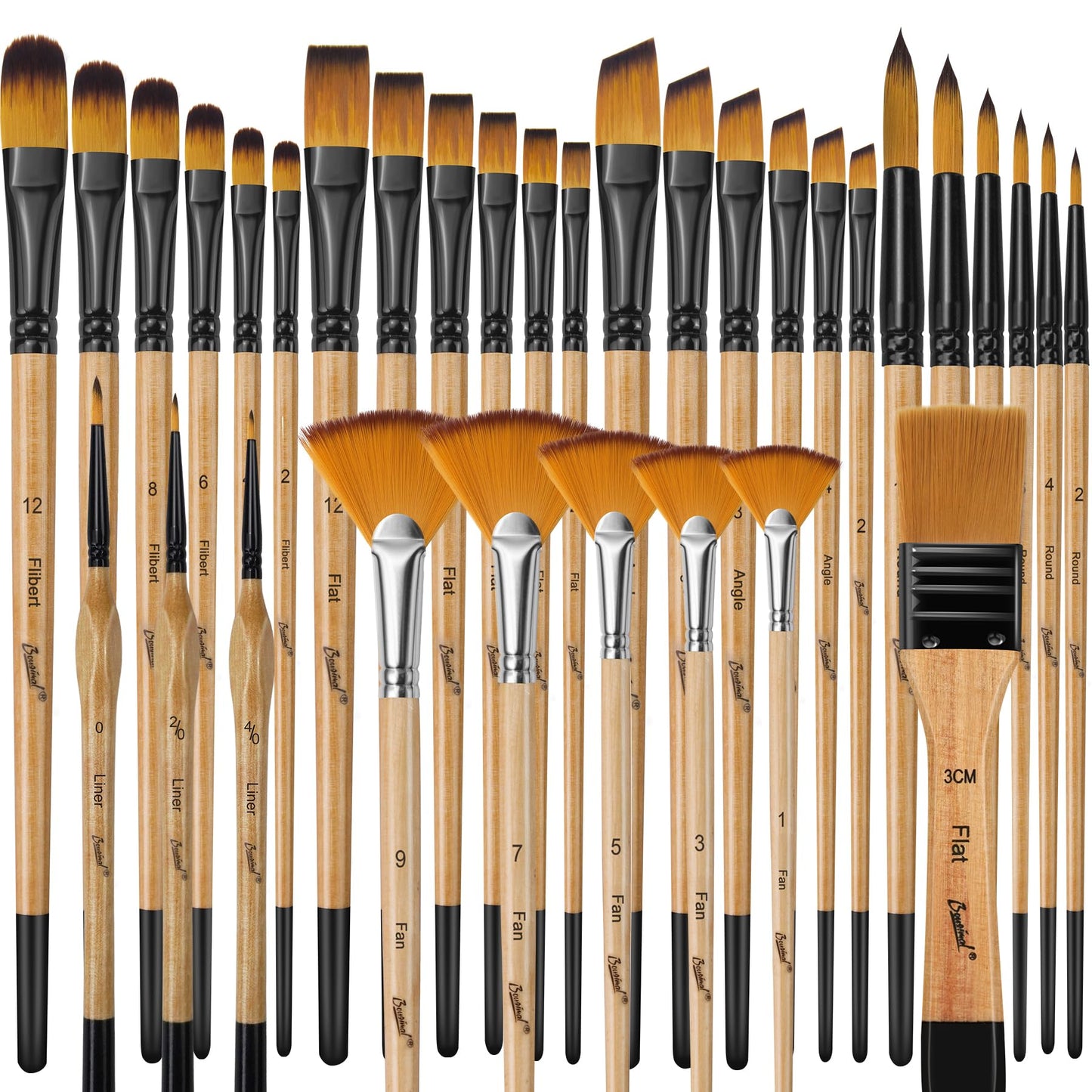 Bougimal 33 Pcs Paint Brush Set, No-Shedding Artist Paint Brushes | Art Paint Brushes with Flat Round Filbert Fan Angle Detail Brush for Acrylic, Oil, Watercolor, for Artists & Beginners