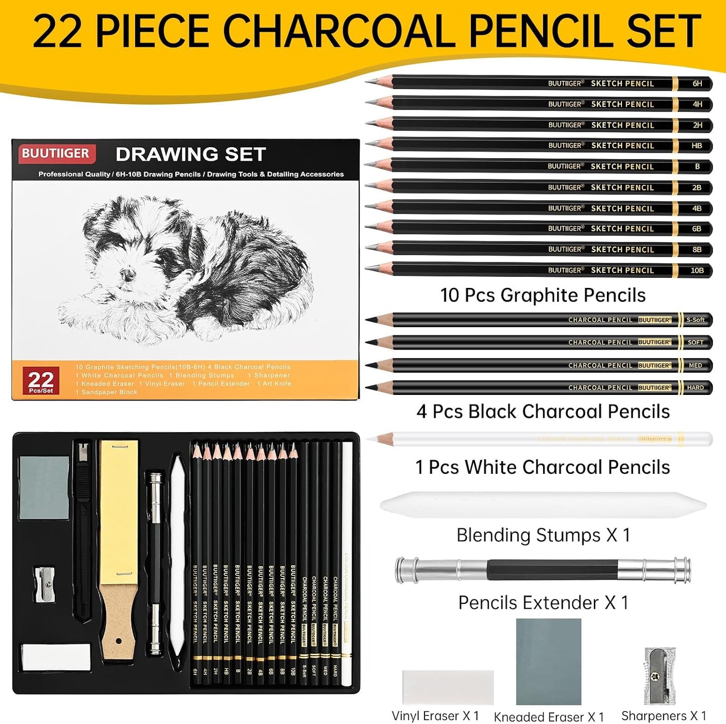 22 PCS Drawing Sketching Pencil Set, Graphite Pencils (10B-6H) | Charcoal Sticks, Blending Stumps, Erasers, Pencil Sharpeners, Drawing Sketching Pencil, Art Pencils for Beginners & Artists