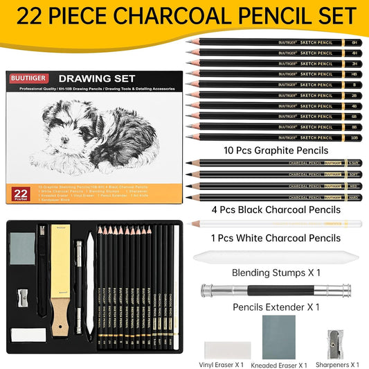 22 PCS Drawing Sketching Pencil Set, Graphite Pencils (10B-6H) | Charcoal Sticks, Blending Stumps, Erasers, Pencil Sharpeners, Drawing Sketching Pencil, Art Pencils for Beginners & Artists