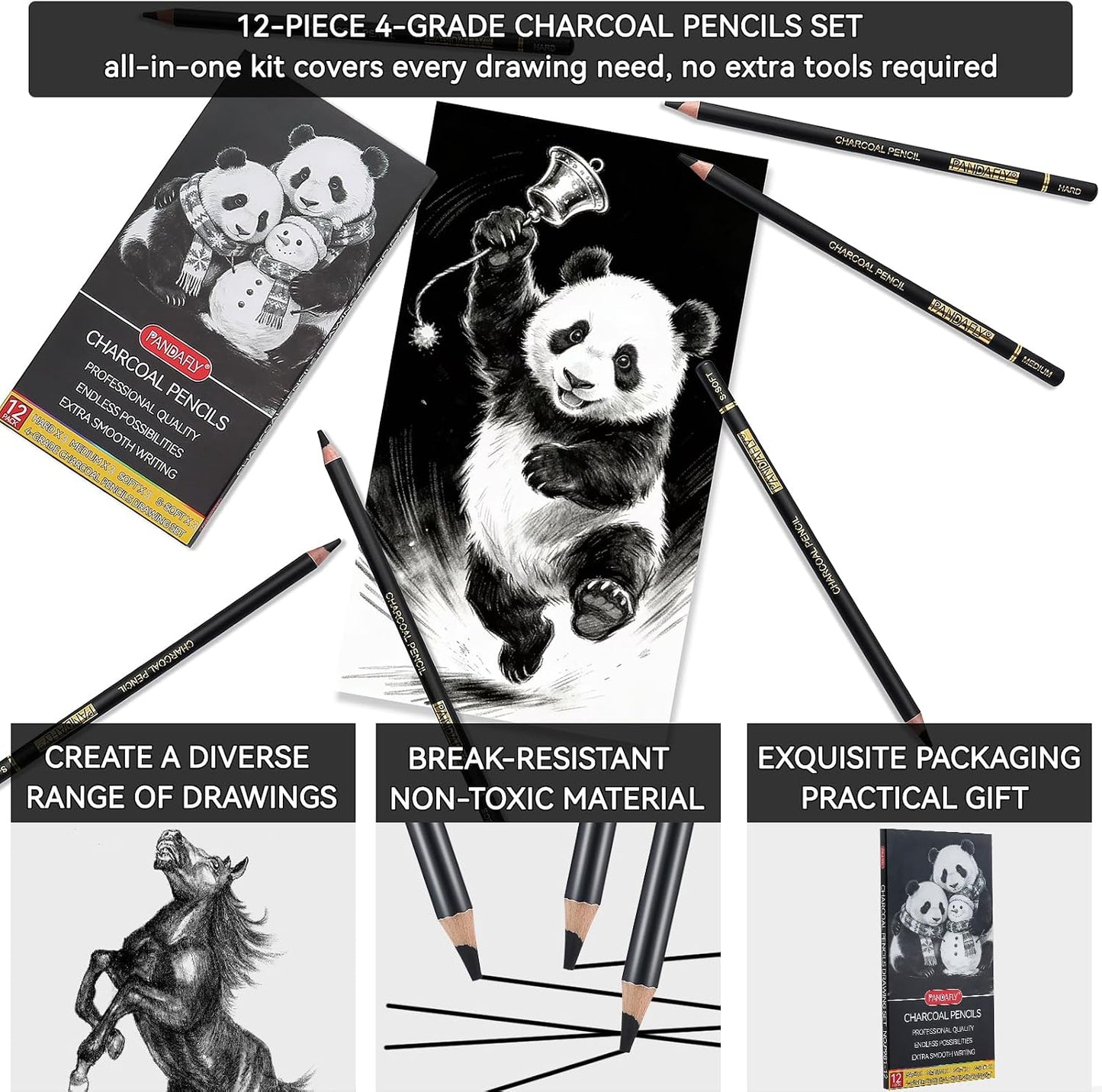PANDAFLY Charcoal Pencils Set, 12 Pack (Super Soft, Soft, Medium & Hard) | Professional Black Charcoal Pencils for Drawing Sketching Shading, Charcoal Drawing Set for Beginners & Pro Artists