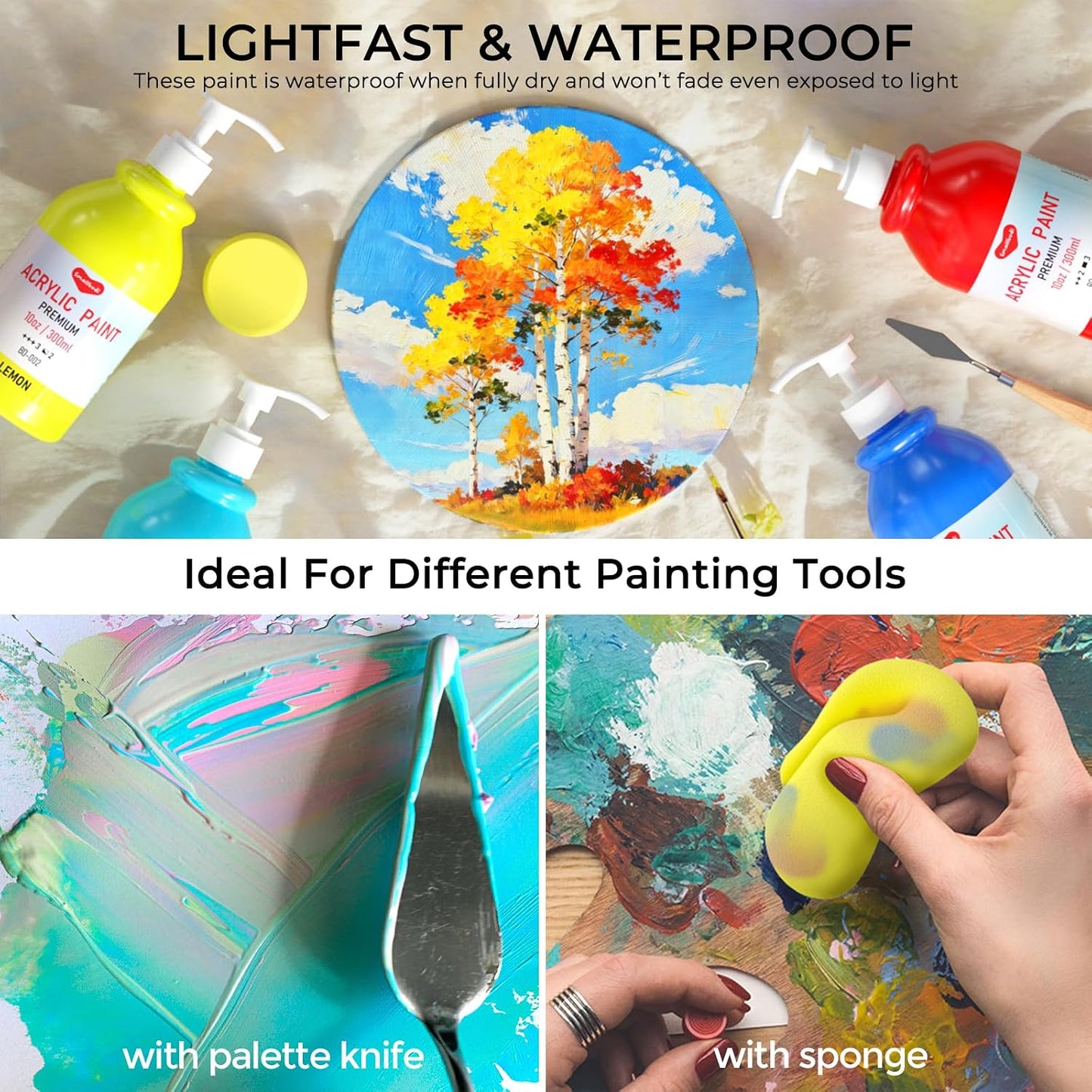 Smallbudi 15 Colors Large Bulk Acrylic Paint Set 10 oz/300 ml for Artists | Rich Pigment Art Painting Supplies Non Toxic Acrylic Kit for Kid & Adult Painting on Canvas Wood Fabric Rock Craft, with Pump