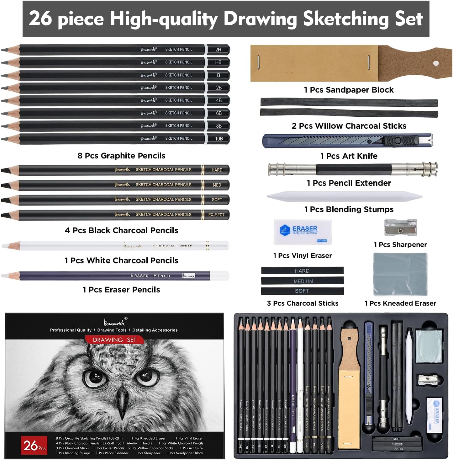 Brusarth Charcoal Pencils for Drawing, Set of 26, Professional Drawing Sketch Pencils, Art Supplies for Sketching, Shading, Blending, Artist Pencils for Beginners & Pro Artists