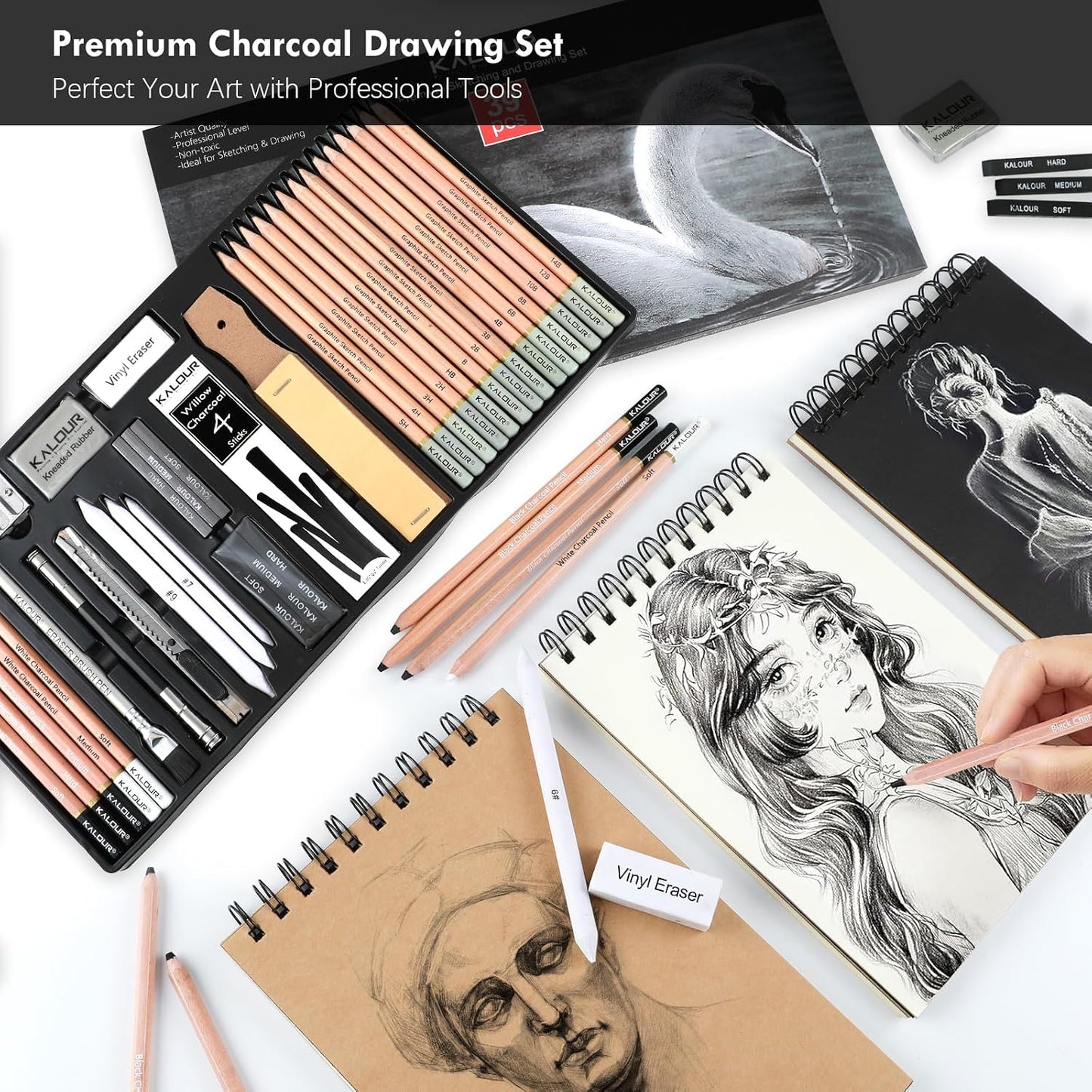 KALOUR PDAS 39pcs Drawing Pencil Set, Professional Sketching Kit with Graphite, Charcoal & Sketch Pencils for Drawing, Complete Drawing Kit for Artists & Beginners