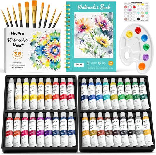 Nicpro Watercolor Paint Set for Adults Kids, 36 Colors Watercolor Tube Set | 12ml/0.4oz Tube, with10 Paint Brushes, 25-Sheet Watercolor Paper Book, Palette, Water Color Art Supplies for Artists Gift