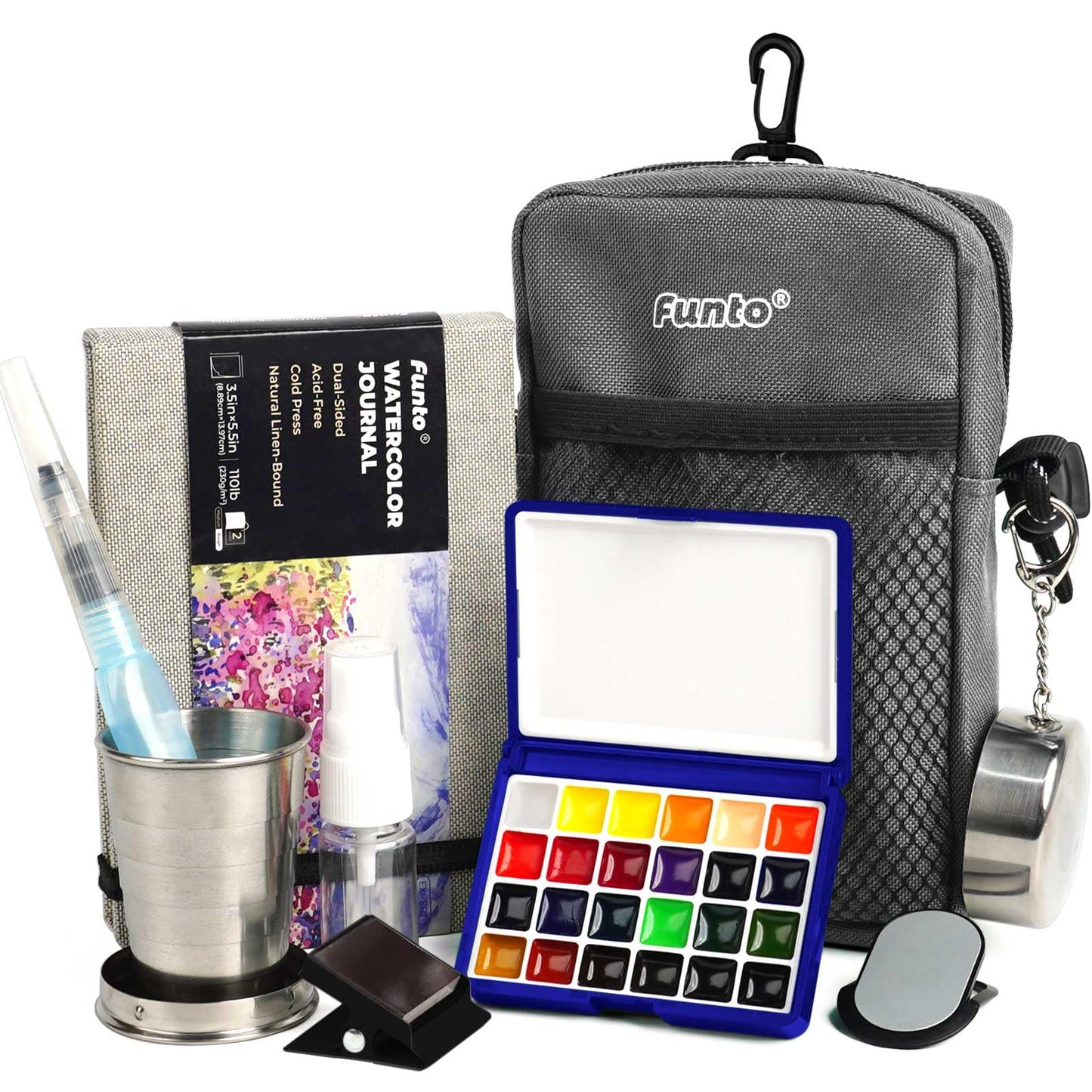 Funto Mini Watercolor Paint Set, All-in-One Walnut Wood 15-Color Premium Pocket Travel Paint Kit, with Crossbody Bag,Watercolor Journal, Metal Clip, Paint Water Cup, Water Brush Ideal for Art Lovers