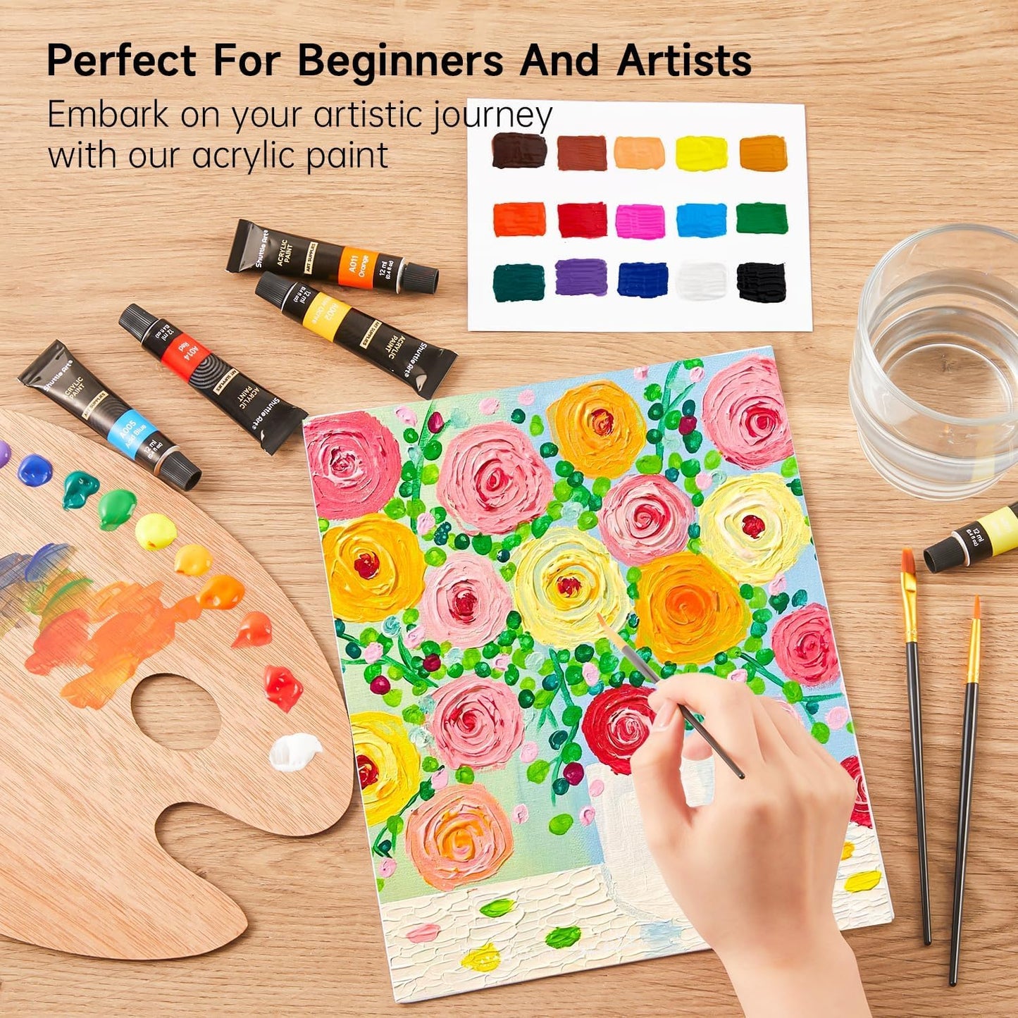 Shuttle Art Acrylic Paint Set, 16 x12ml Tubes Artist Quality Non Toxic Rich Pigments Colors Great for Kids Adults Professional Painting on Canvas Wood Clay Fabric Ceramic Crafts