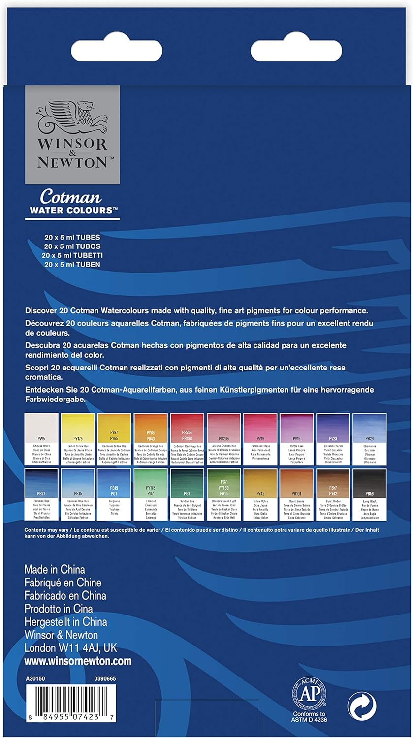 Winsor & Newton Cotman Watercolor Paint Set, 20 Colors, 5ml (0.17-oz) Tubes