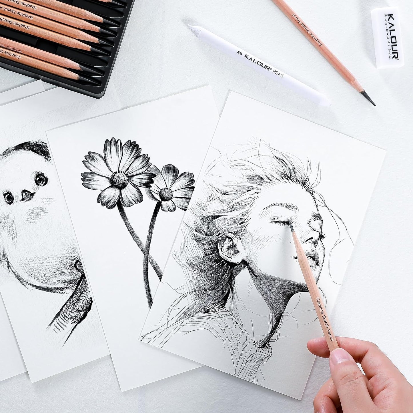 KALOUR 28 Pro Sketching Drawing Pencils Set – 14 Graphite Pencils (14B–5H), Charcoal Pencils, Erasers, Sharpener & Stumps – Complete Art Kit for Artists & Beginner