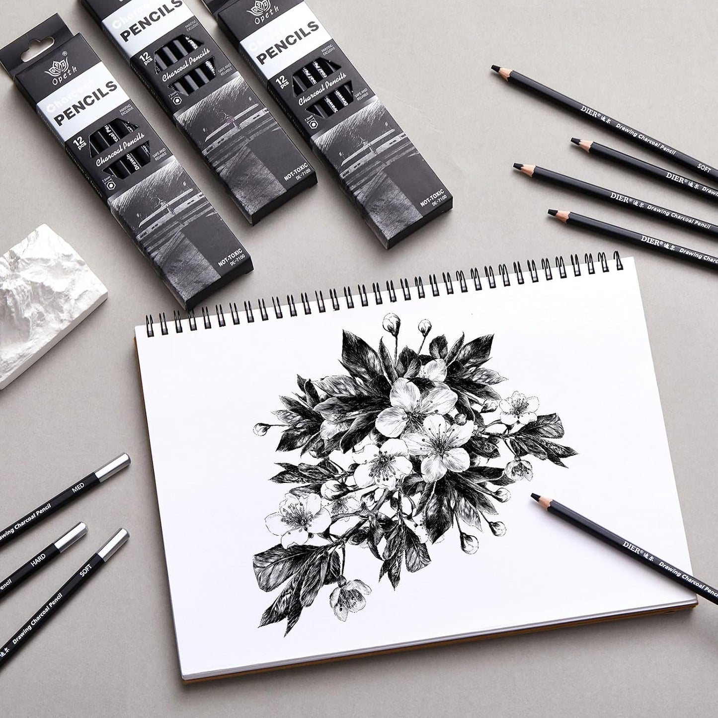 Geyoga 72 Pcs Professional Charcoal Pencils Bulk Soft Medium Hard for Drawing Charcoal Pencils for Art Painting Sketching Shading Drawing Blending Portrait Artists Students Christmas Stocking Gifts