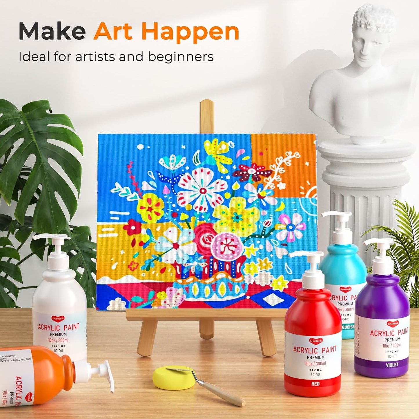 Smallbudi 15 Colors Large Bulk Acrylic Paint Set 10 oz/300 ml for Artists | Rich Pigment Art Painting Supplies Non Toxic Acrylic Kit for Kid & Adult Painting on Canvas Wood Fabric Rock Craft, with Pump