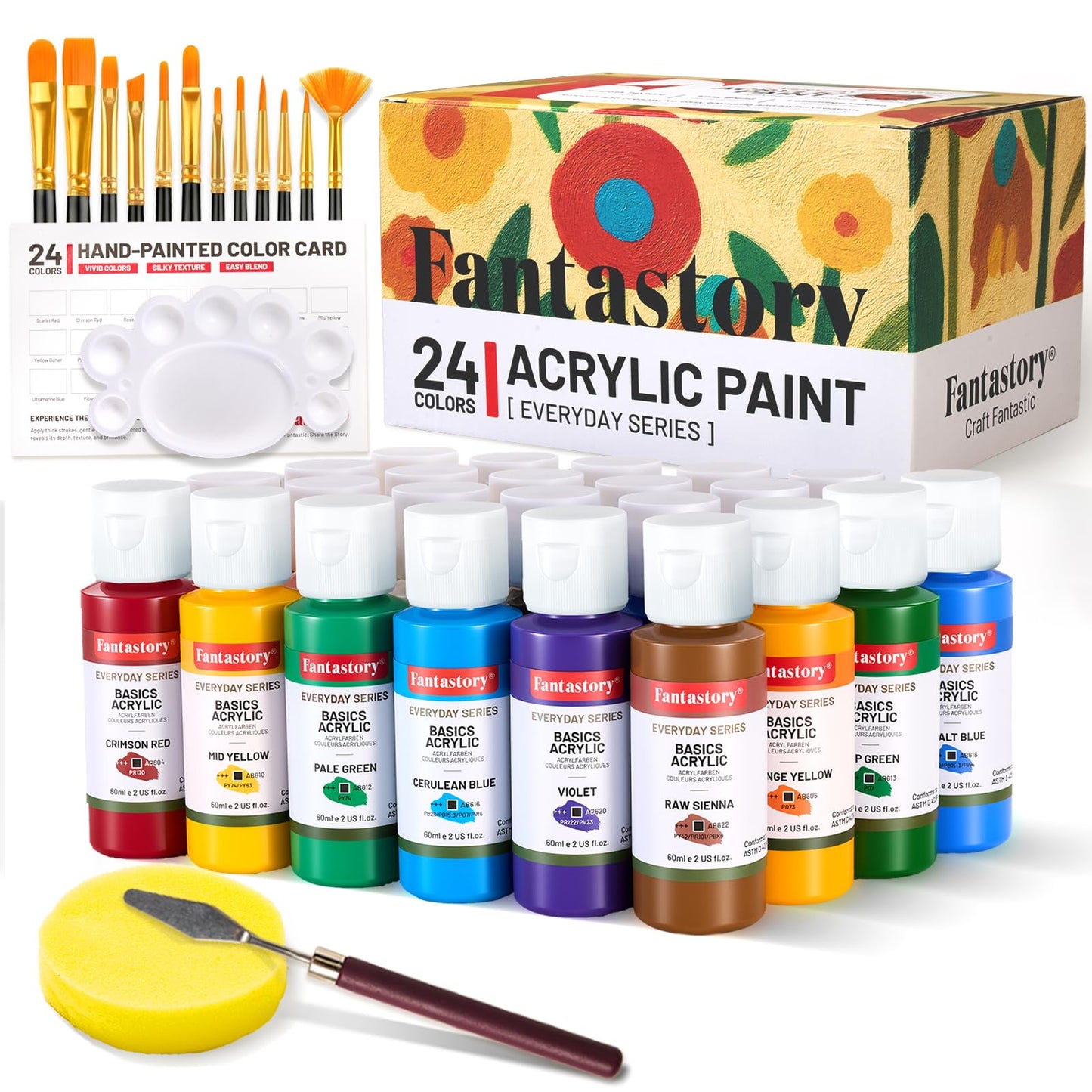 Fantastory 60ml 36 Colors Acrylic Paint Set with 12 Brushes | with 12 Brushes, Chart, Palette, Scraper, Sponge - 3 Metallic, Non-Toxic, Waterproof for Wood, Rock, Canvas, Clay, DIY, 3D