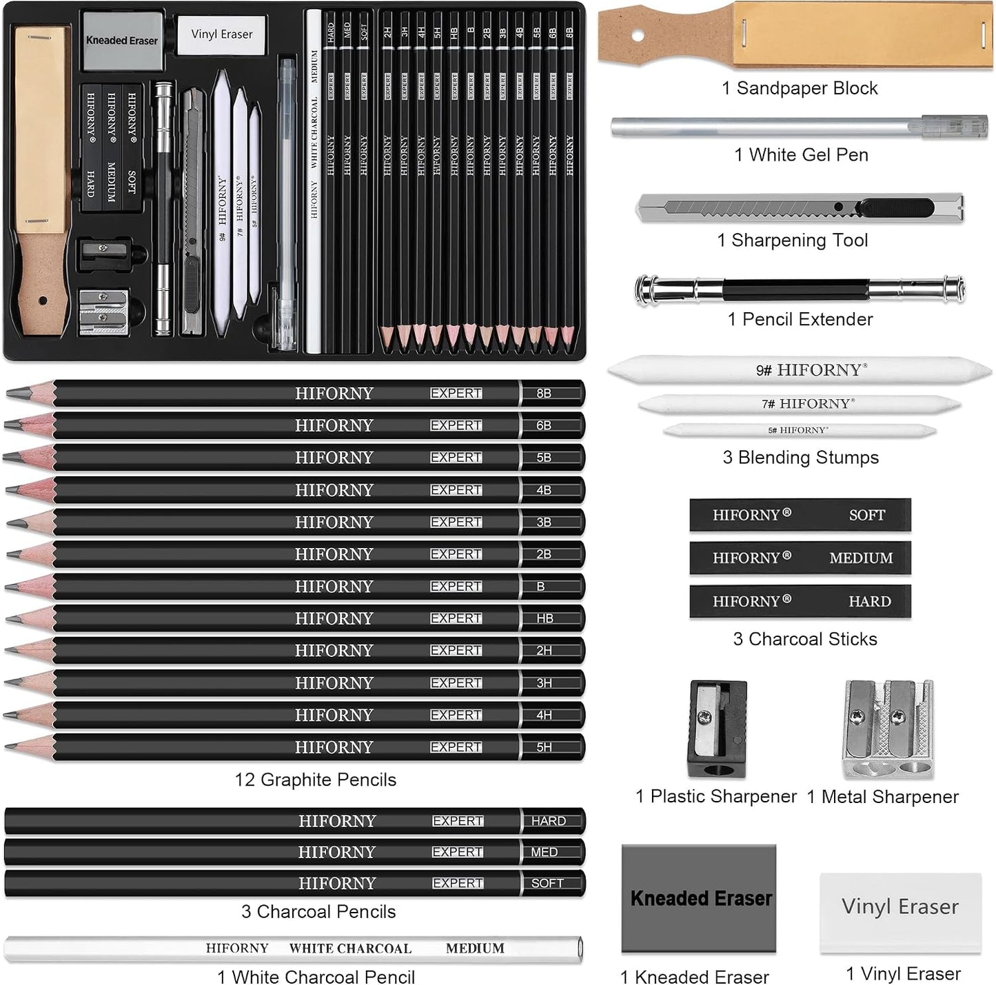 HIFORNY 30 PCS Sketching Drawing Pencil Set,Sketch Pencils Art Supplies with Graphite,Charcoal,Blending Tools,Accessories,Drawing Kit for Adults Artists