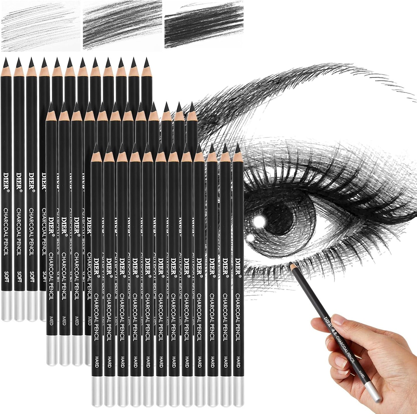 Geyoga 36 Pcs Professional Charcoal Pencils Bulk Classroom Set Soft, Medium and Hard for Drawing Charcoal Pencils for Sketching Shading Drawing Blending Portrait(Black,Assorted)