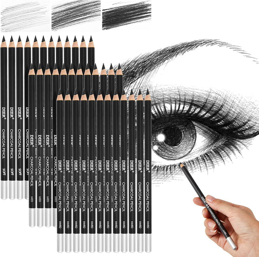 Geyoga 36 Pcs Professional Charcoal Pencils Bulk Classroom Set Soft, Medium and Hard for Drawing Charcoal Pencils for Sketching Shading Drawing Blending Portrait(Black,Assorted)