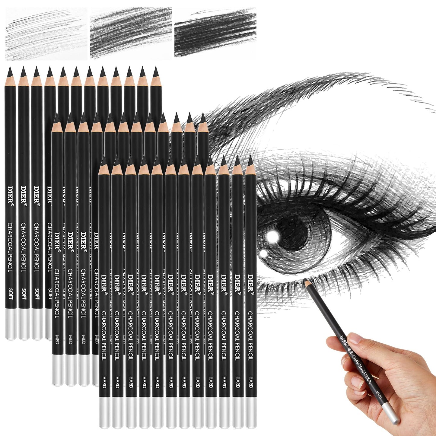 Geyoga 36 Pcs Professional Charcoal Pencils Bulk Classroom Set Soft, Medium and Hard for Drawing Charcoal Pencils for Sketching Shading Drawing Blending Portrait(Black,Assorted)
