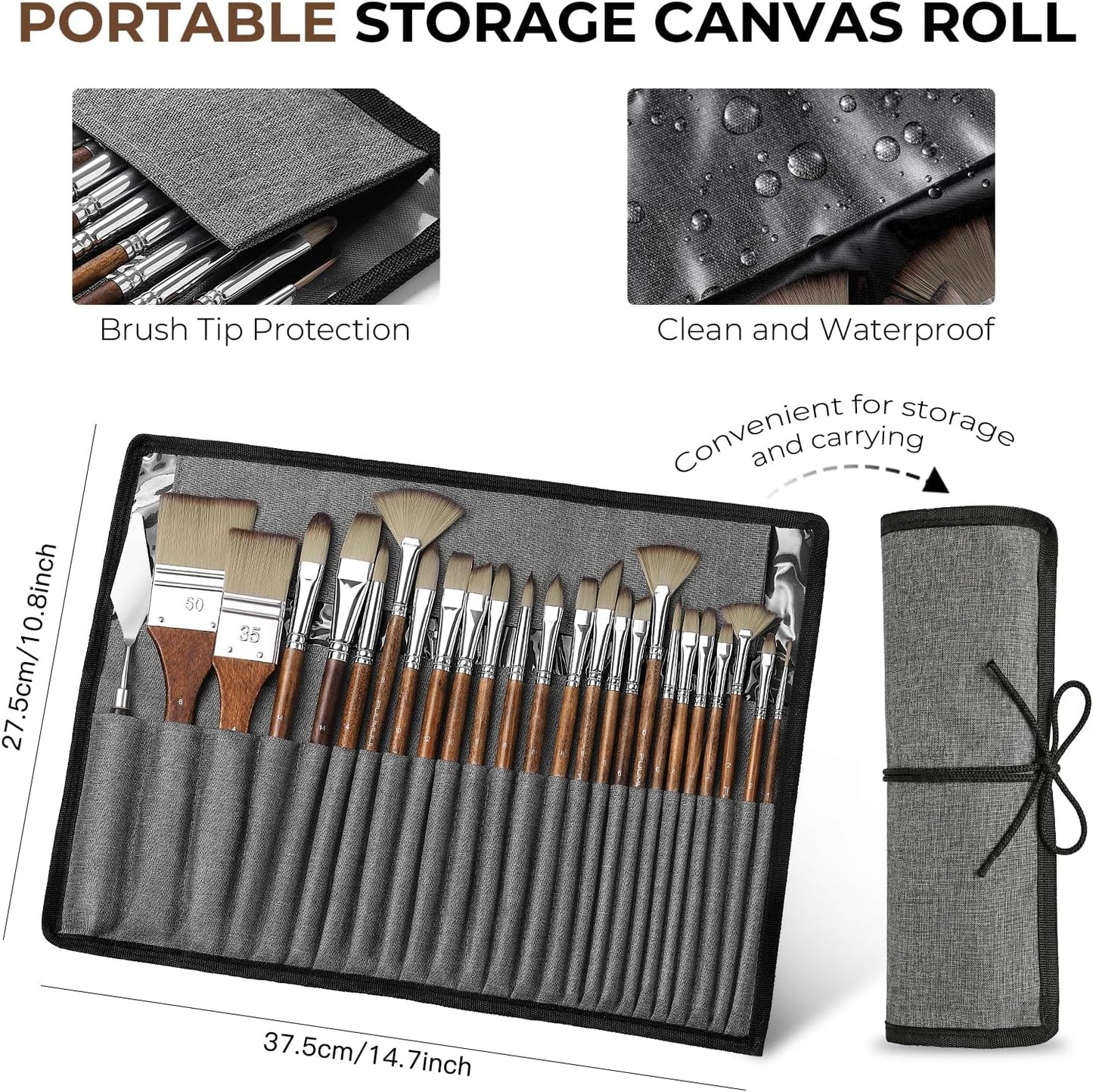 Fuumuui 25pcs Paint Brush Set, Professional 9 Shapes with Wide Flat, Filbert, Fan, Dagger, Cat Tongue, Round, Angle, Rigger for Acrylic Oil Watercolor | Includes Palette Knife & Waterproof Canvas Roll