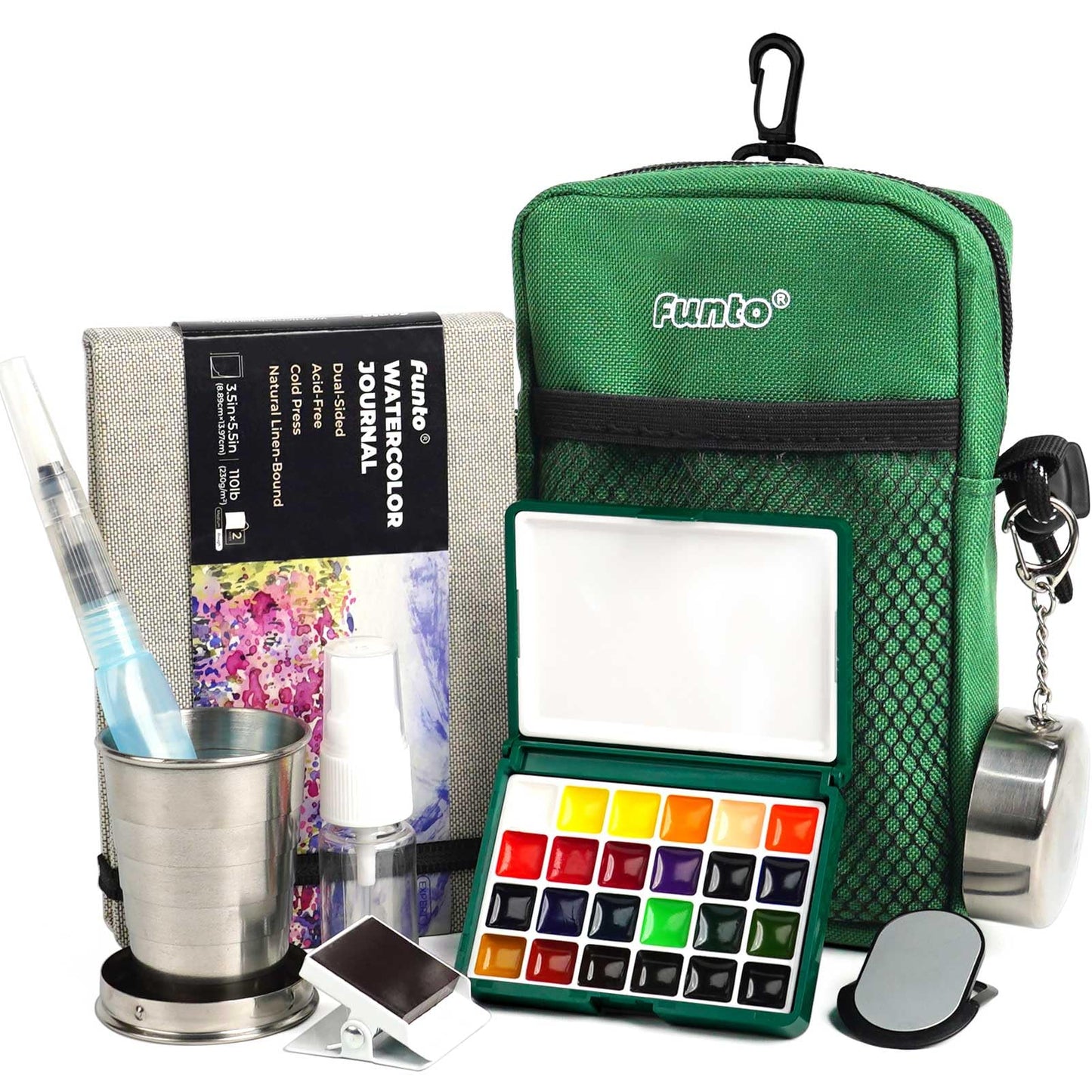 Funto Mini Watercolor Paint Set, All-in-One Walnut Wood 15-Color Premium Pocket Travel Paint Kit, with Crossbody Bag,Watercolor Journal, Metal Clip, Paint Water Cup, Water Brush Ideal for Art Lovers
