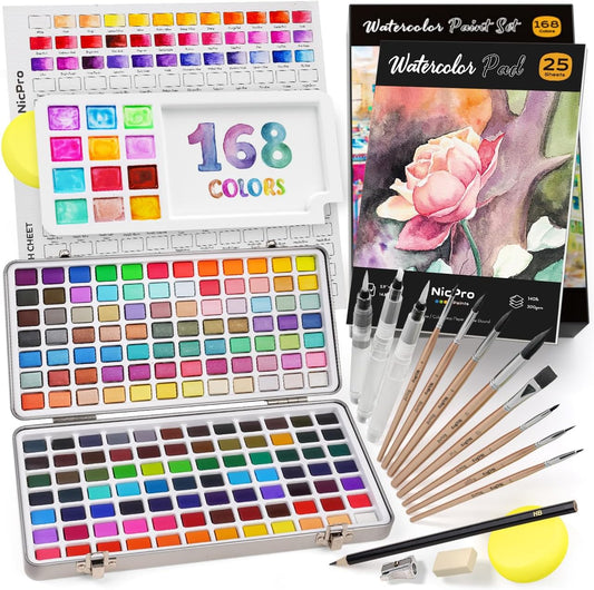 Nicpro 168 Colors Watercolor Paint Set, Metallic Macaron Candy Fluorescent | 8 Synthetic Squirrel Painting Brushes, 25 Water Color Paper, Palette, Art Supplies Kit for Artist Adult Beginner with Box