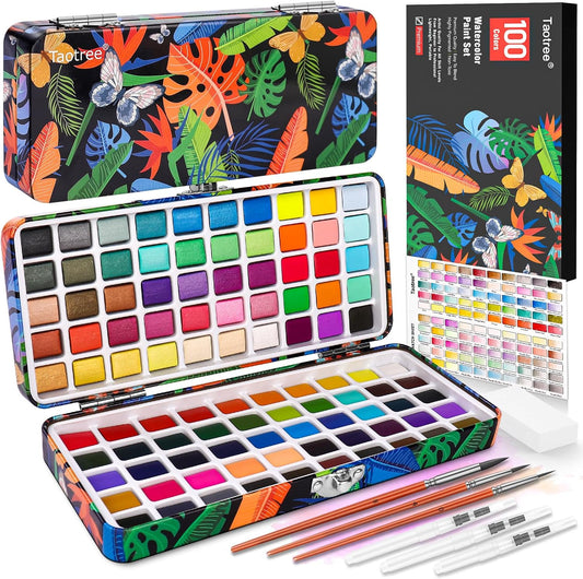 Taotree Watercolor Paint Set 100 Colors, Art Supplies Travel Water Colors | Coloring Set Watercolors Kit with 3 Paints Brushes, Crafts Painting Supplies, Drawing for Adults Artist Drawing, Painting