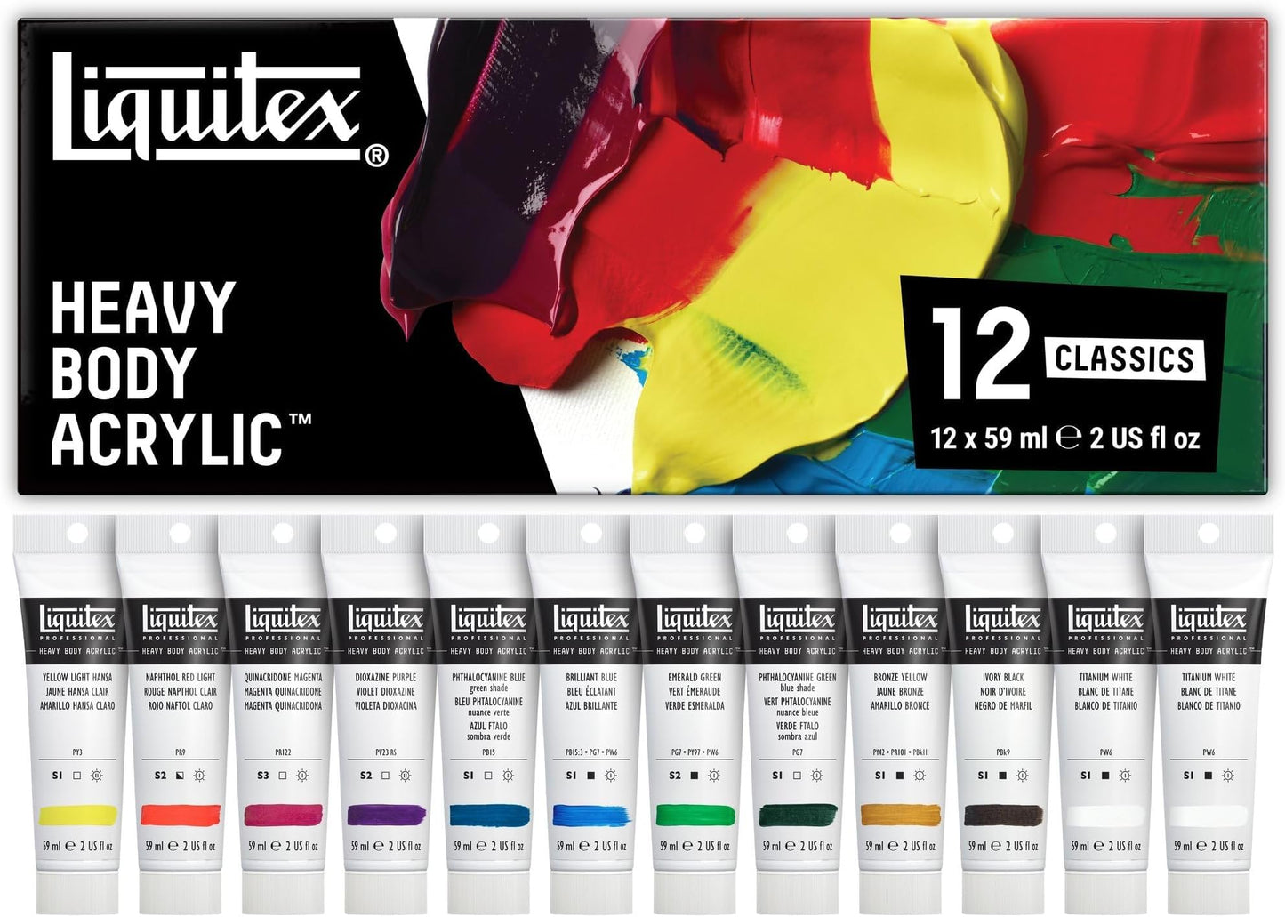 Liquitex Professional Heavy Body Acrylic Paint, Classic 12 x 59ml (2-oz) Set