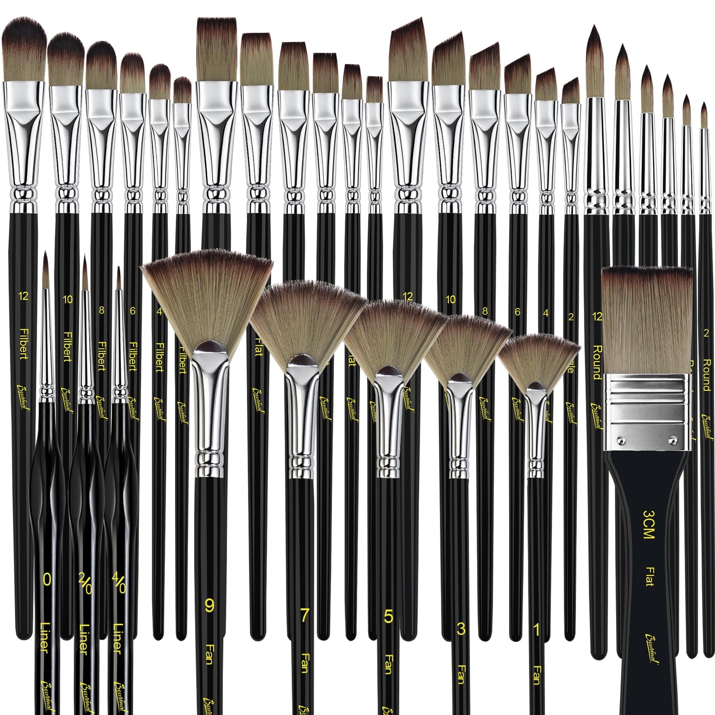 Bougimal 33 Pcs Paint Brush Set, No-Shedding Artist Paint Brushes | Art Paint Brushes with Flat Round Filbert Fan Angle Detail Brush for Acrylic, Oil, Watercolor, for Artists & Beginners