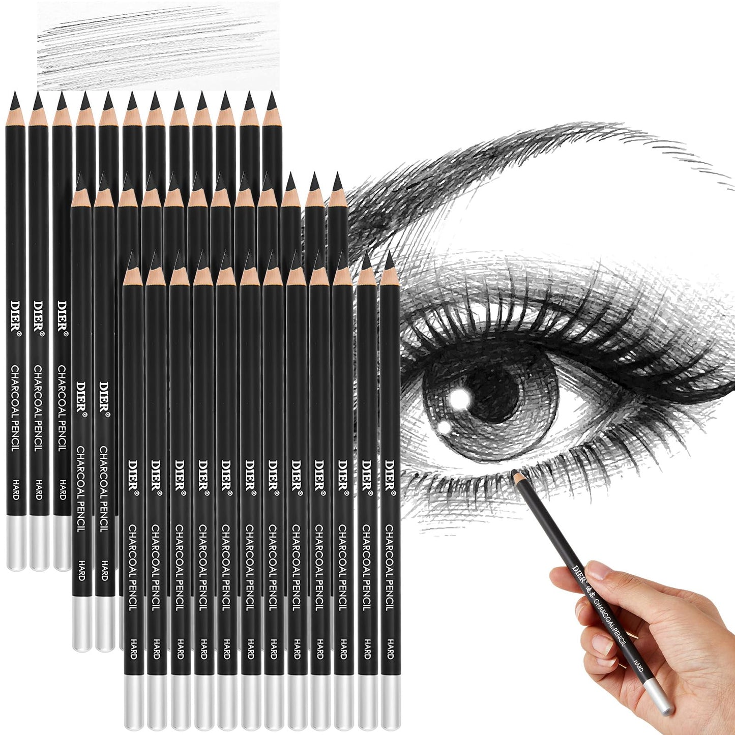 Geyoga 36 Pcs Professional Charcoal Pencils Bulk Classroom Set Soft, Medium and Hard for Drawing Charcoal Pencils for Sketching Shading Drawing Blending Portrait(Black,Assorted)
