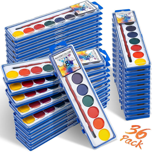 36 Pack Watercolor Paint Set, Washable Water Color Paint Bulk for Kids | Water Paint with Brushes, Ideal Gifts for Party Favors, School Supplies & Classroom Prizes, Art Activities, 8 Colors