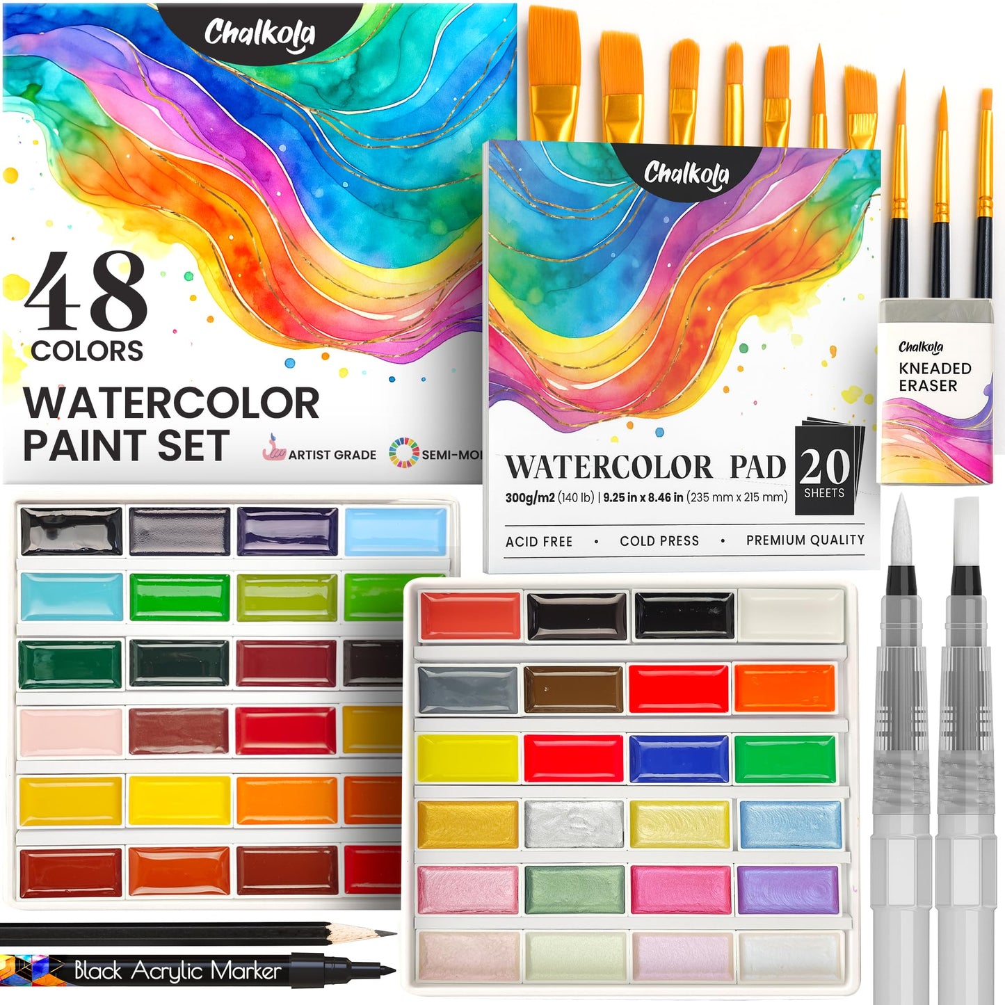 Chalkola 36 Watercolor Paint Set for Adults, Kids & Professional Artists | 36 Watercolor Paint Tubes (12ml, 0.4oz), 10 Painting Brushes & 1 Palette - Vibrant Water Color Art Painting Supplies
