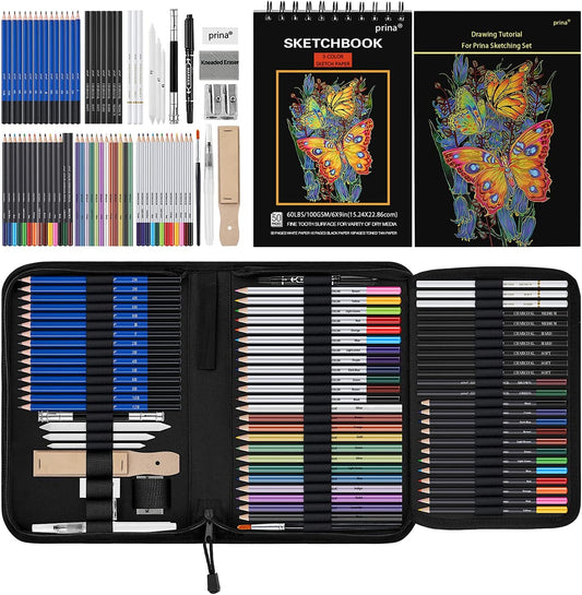 76 Pack Drawing Set Sketching Kit, Pro Art Supplies with 3-Color Sketchbook, Include Tutorial, Colored, Graphite, Charcoal, Watercolor & Metallic Pencil, for Artists Adults Teens Beginner