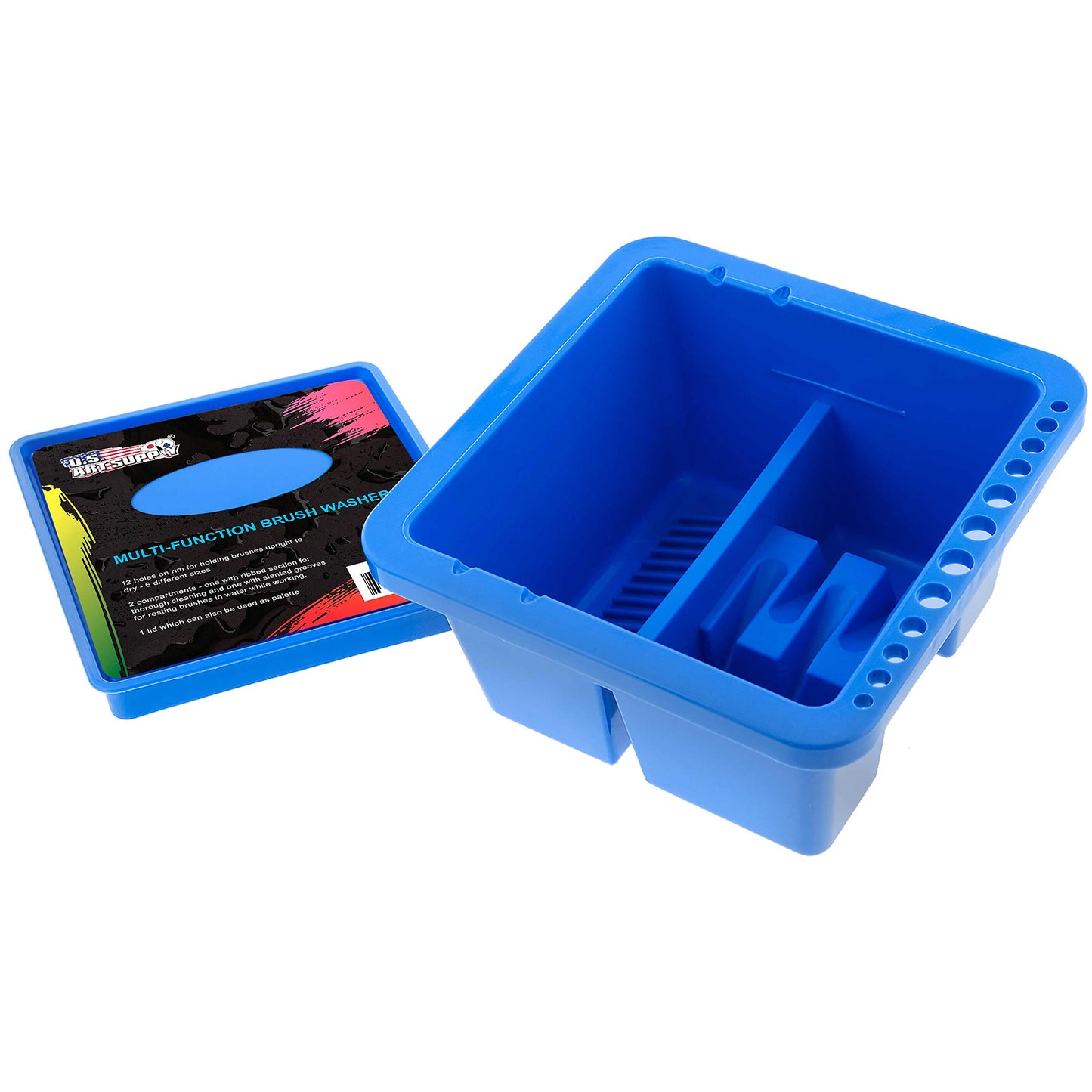 U.S. Art Supply 16-Hole Plastic Paint Brush Cleaner Washer & Paint Brush Holder with Palette Lid for Acrylic, Watercolor & Oil Paints