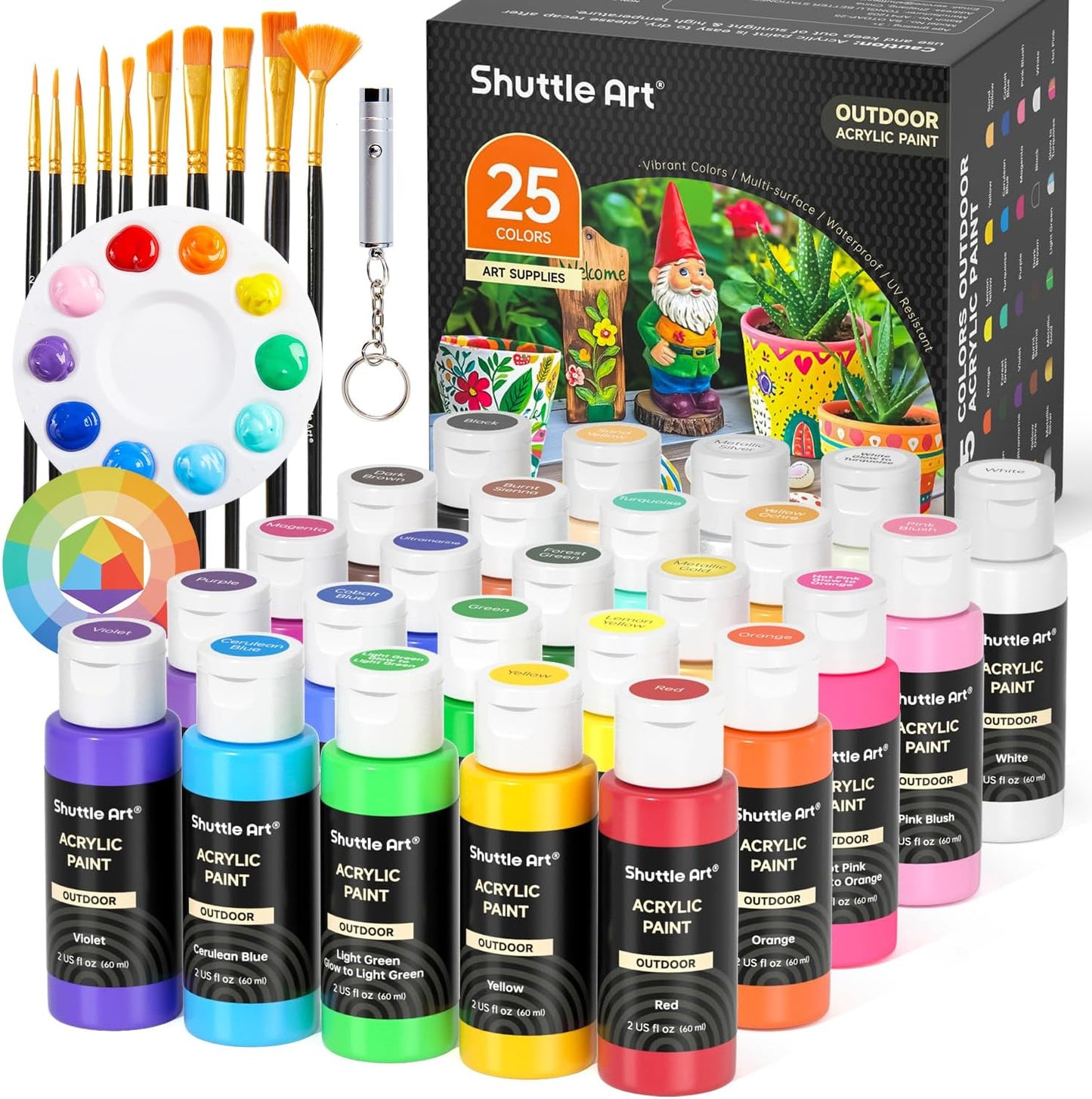 Shuttle Art 25 Colors Outdoor Acrylic Paint Set, 2oz/60ml Waterproof Acrylic Paint with 10 Brushes 1 Palette, Rich Pigmented Paints for Artists, Beginners on Rocks, Wood Crafts, Garden Statues