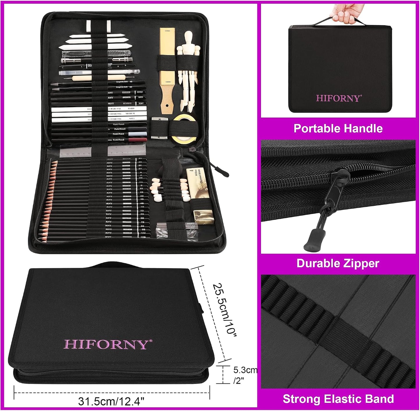 HIFORNY 70 PCS Drawing Set Sketching Kit,Sketch Pencils Art Supplies with Graphite,Charcoal,Blending Tools & Accessories,Portable Zippered Travel Case for Artists & Beginners