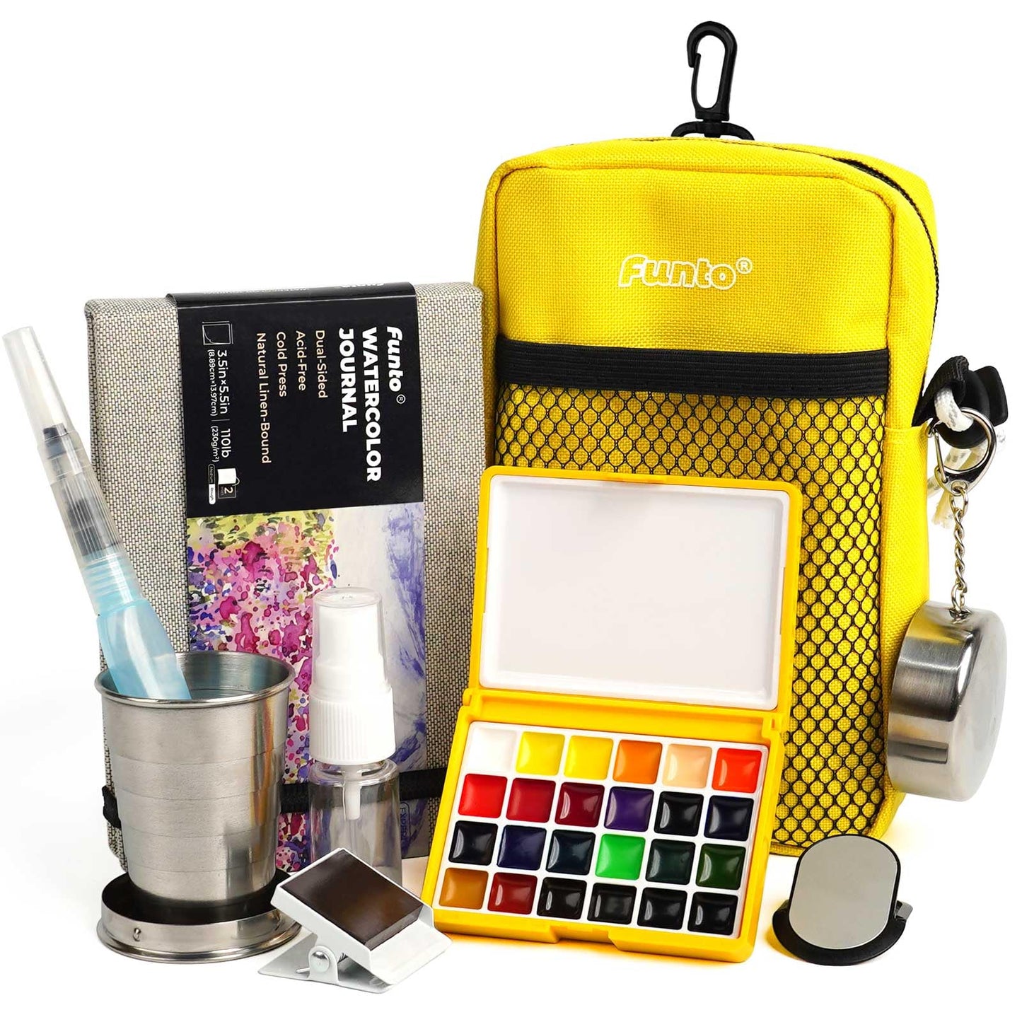 Funto Mini Watercolor Paint Set, All-in-One Walnut Wood 15-Color Premium Pocket Travel Paint Kit, with Crossbody Bag,Watercolor Journal, Metal Clip, Paint Water Cup, Water Brush Ideal for Art Lovers