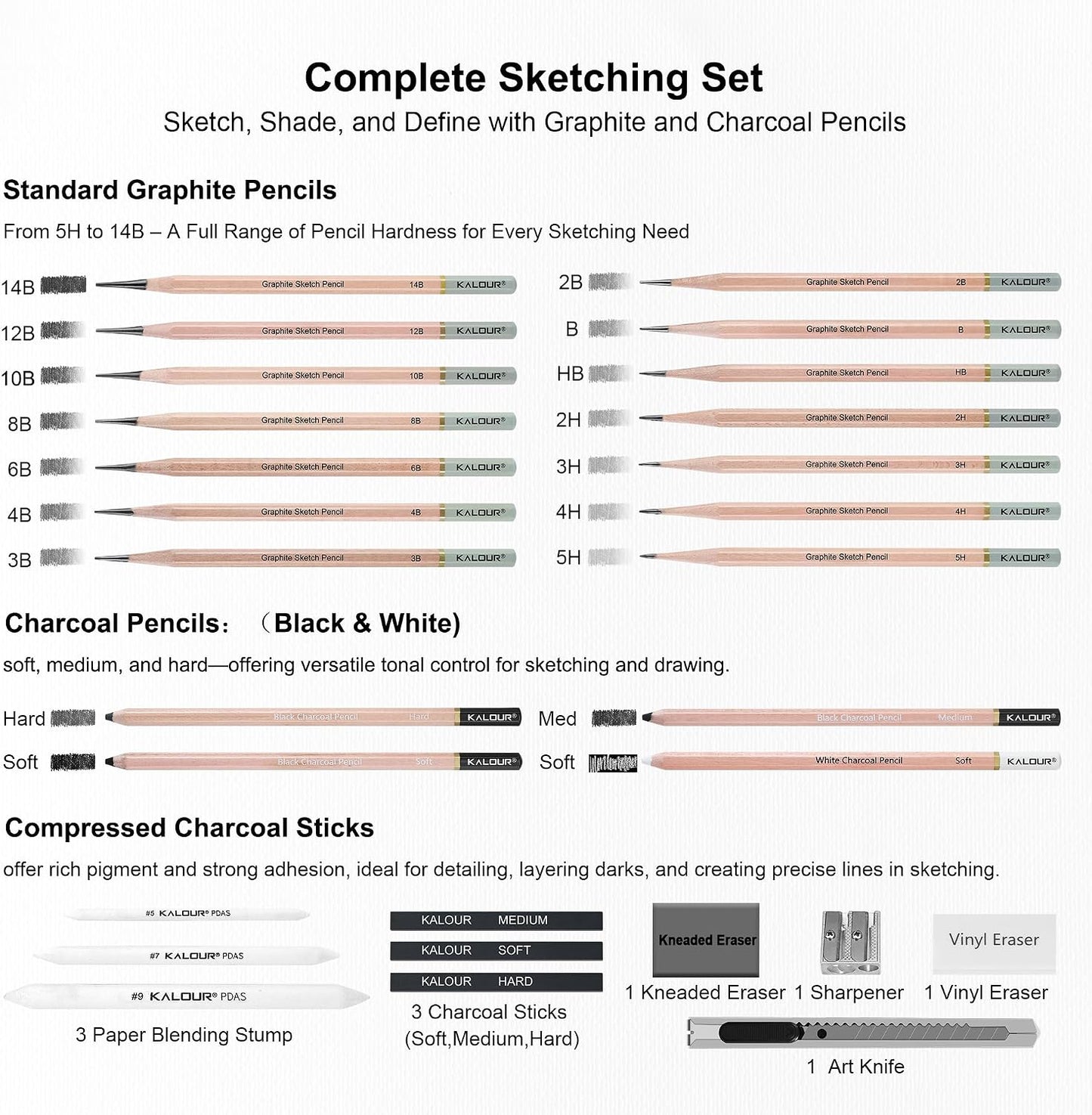 KALOUR 28 Pro Sketching Drawing Pencils Set – 14 Graphite Pencils (14B–5H), Charcoal Pencils, Erasers, Sharpener & Stumps – Complete Art Kit for Artists & Beginner