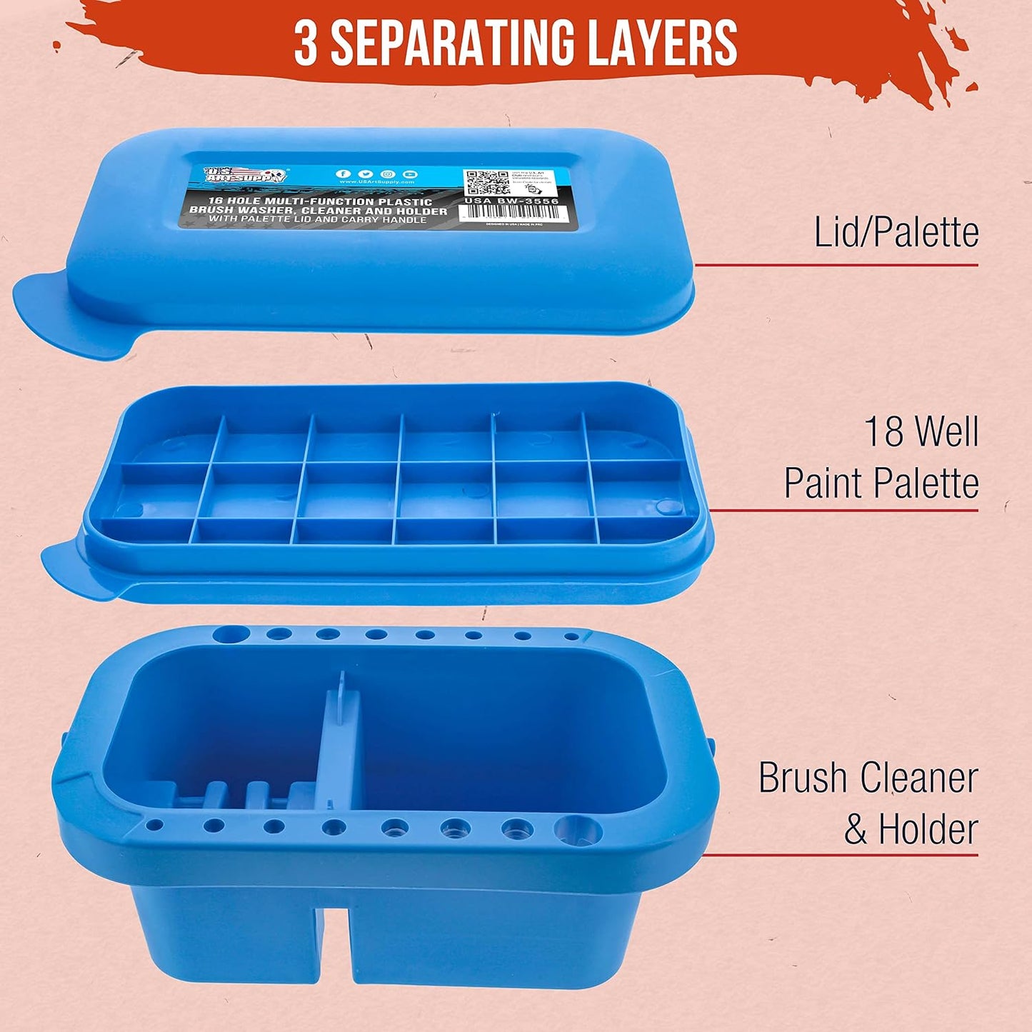 U.S. Art Supply 16-Hole Plastic Paint Brush Cleaner Washer & Paint Brush Holder with Palette Lid for Acrylic, Watercolor & Oil Paints