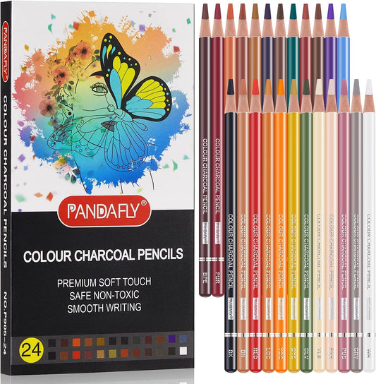 PANDAFLY Professional Colored Charcoal Pencils Drawing Set, 24 Colors | Skin Tone Colored Pencils, Pastel Chalk Pencils for Sketching, Shading, Coloring, Layering & Blending
