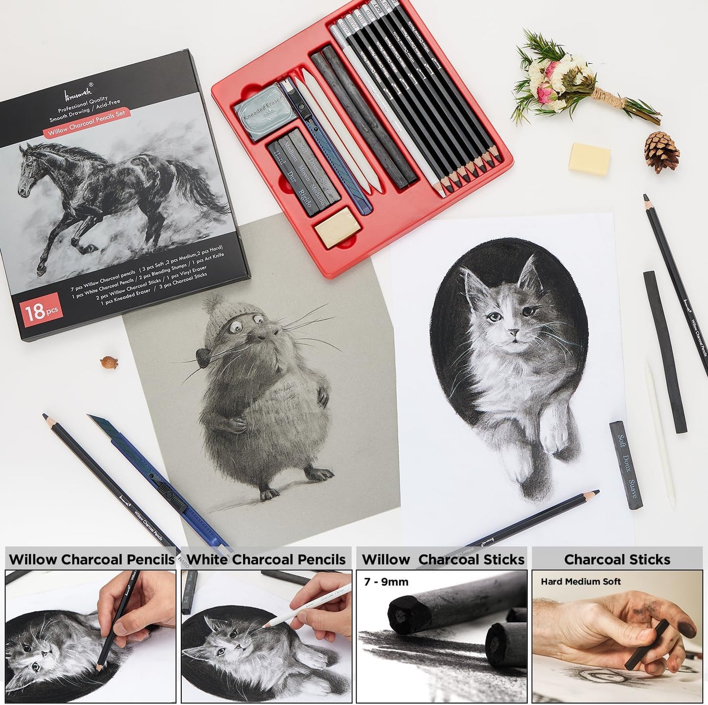 Brusarth 18 Pcs Charcoal Pencils Art Kit for Drawing, Sketching | Art Sketching Pencil Supplies for Drawing, Shading, Sketching, Blending, Artist Pencils for Beginners & Artists