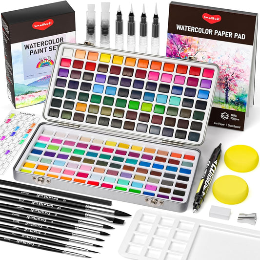 Smallbudi All in One Watercolor Paint Set 168 Colors with Portable Box | Travel Watercolor Kit for Adults with Carrying Case, Paper, Paint Brushes, Palette & Accessories for Beginner & Professional