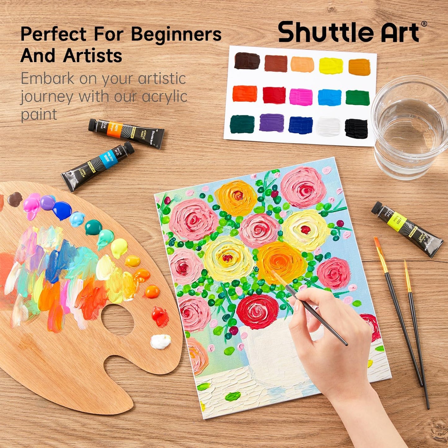 Shuttle Art Acrylic Paint Set, 15 x 12ml Tubes Artist Quality Non Toxic Rich Pigments Colors Perfect for Kids Adults Beginners Artists Painting on Canvas Wood Clay Fabric Ceramic Crafts