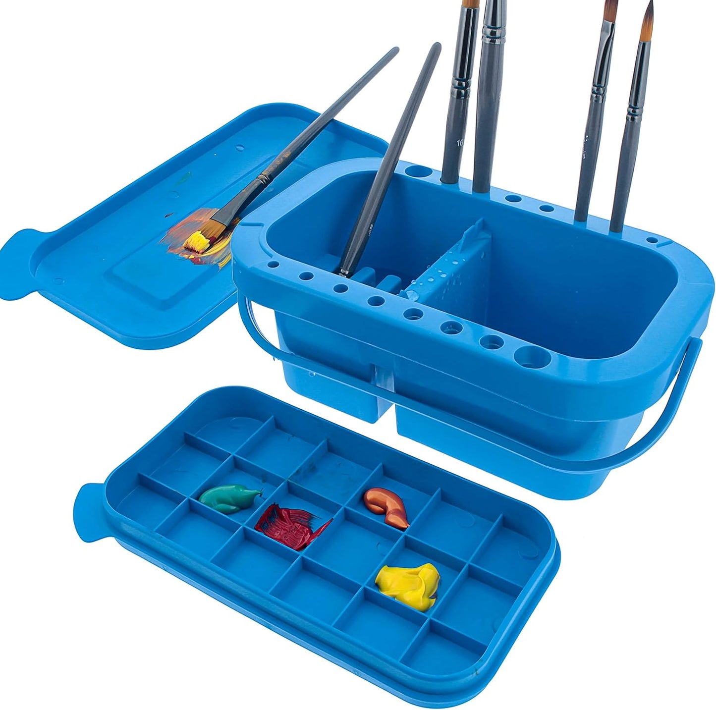 U.S. Art Supply 16-Hole Plastic Paint Brush Cleaner Washer & Paint Brush Holder with Palette Lid for Acrylic, Watercolor & Oil Paints