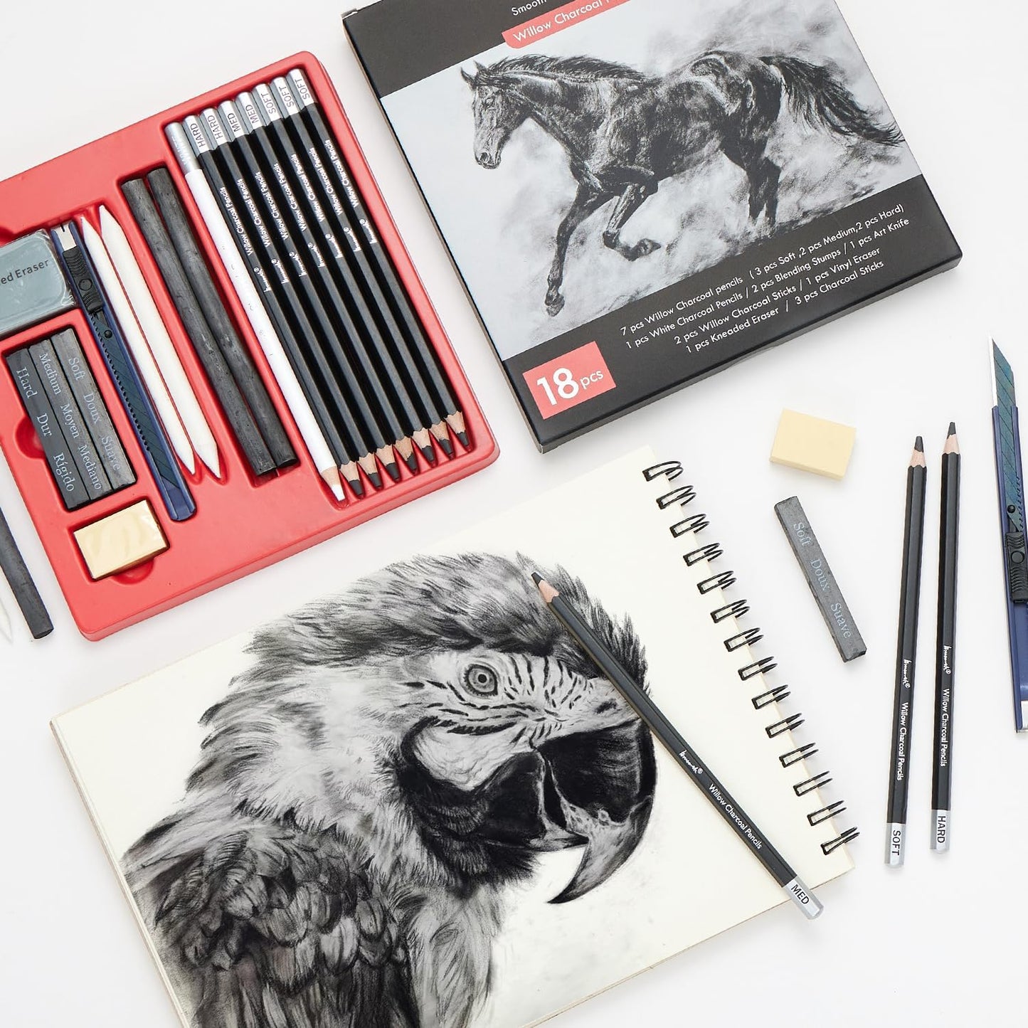 Brusarth 18 Pcs Charcoal Pencils Art Kit for Drawing, Sketching | Art Sketching Pencil Supplies for Drawing, Shading, Sketching, Blending, Artist Pencils for Beginners & Artists