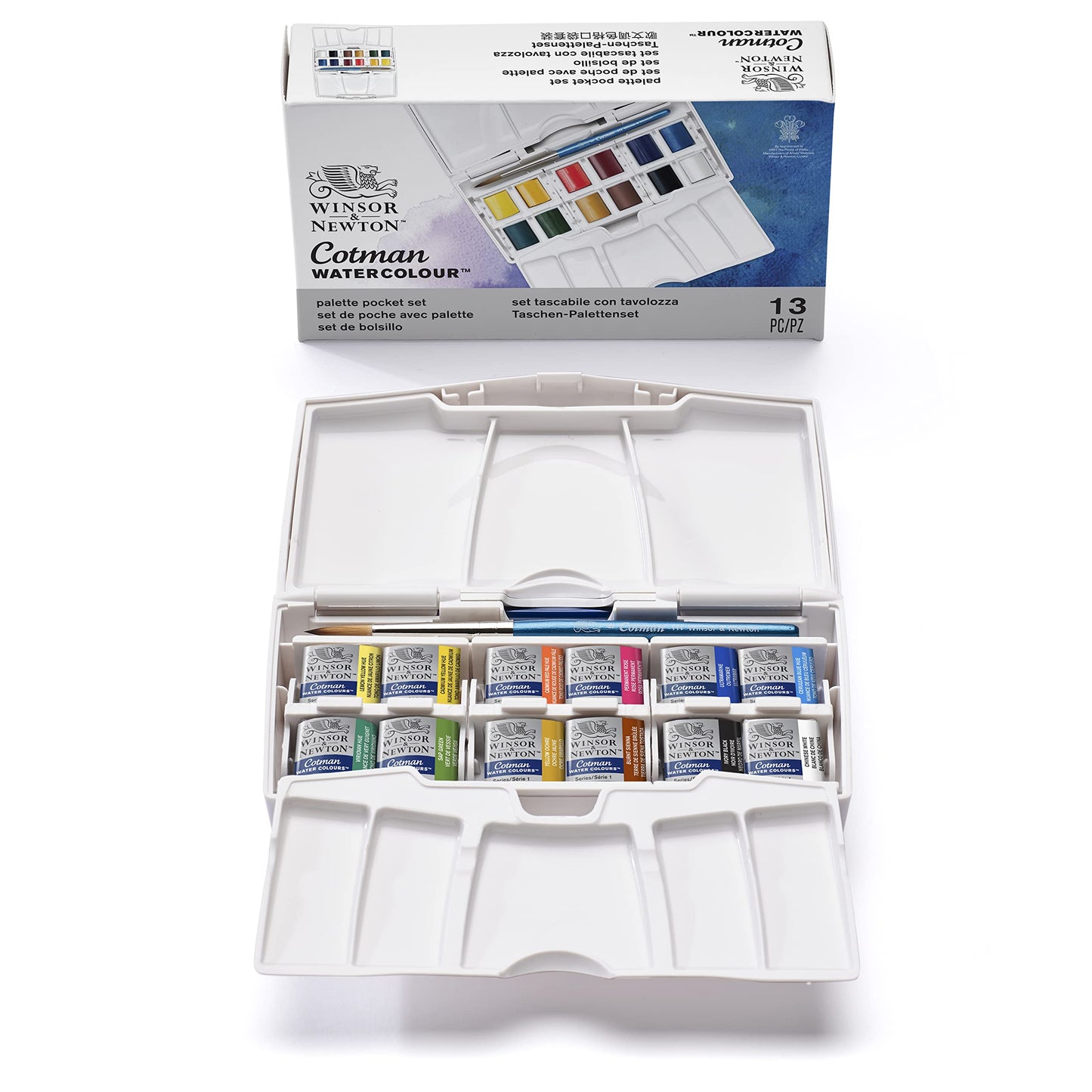 Winsor & Newton Cotman Watercolor Paint Set, Field Pocket Set, 12 Half Pan w/ Brush, Sponge, Bottle