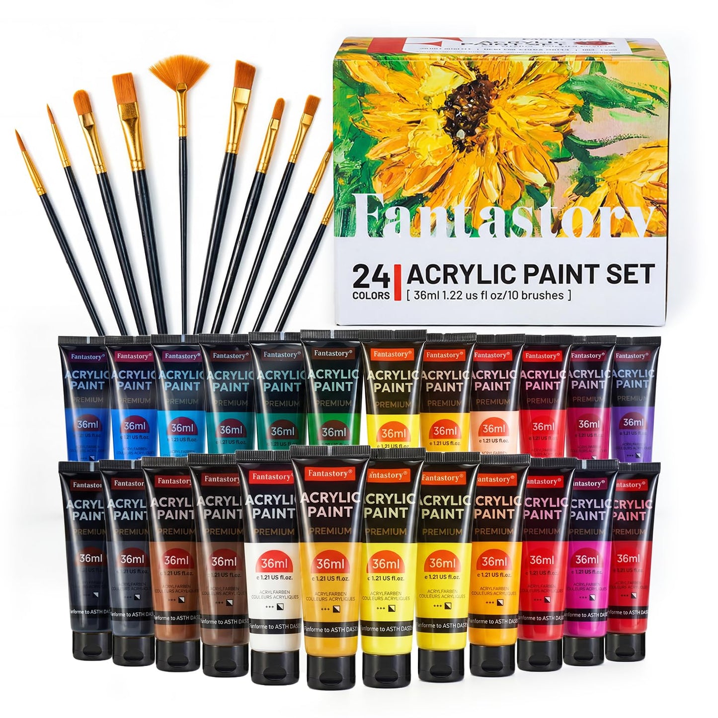 Fantastory 60ml 36 Colors Acrylic Paint Set with 12 Brushes | with 12 Brushes, Chart, Palette, Scraper, Sponge - 3 Metallic, Non-Toxic, Waterproof for Wood, Rock, Canvas, Clay, DIY, 3D