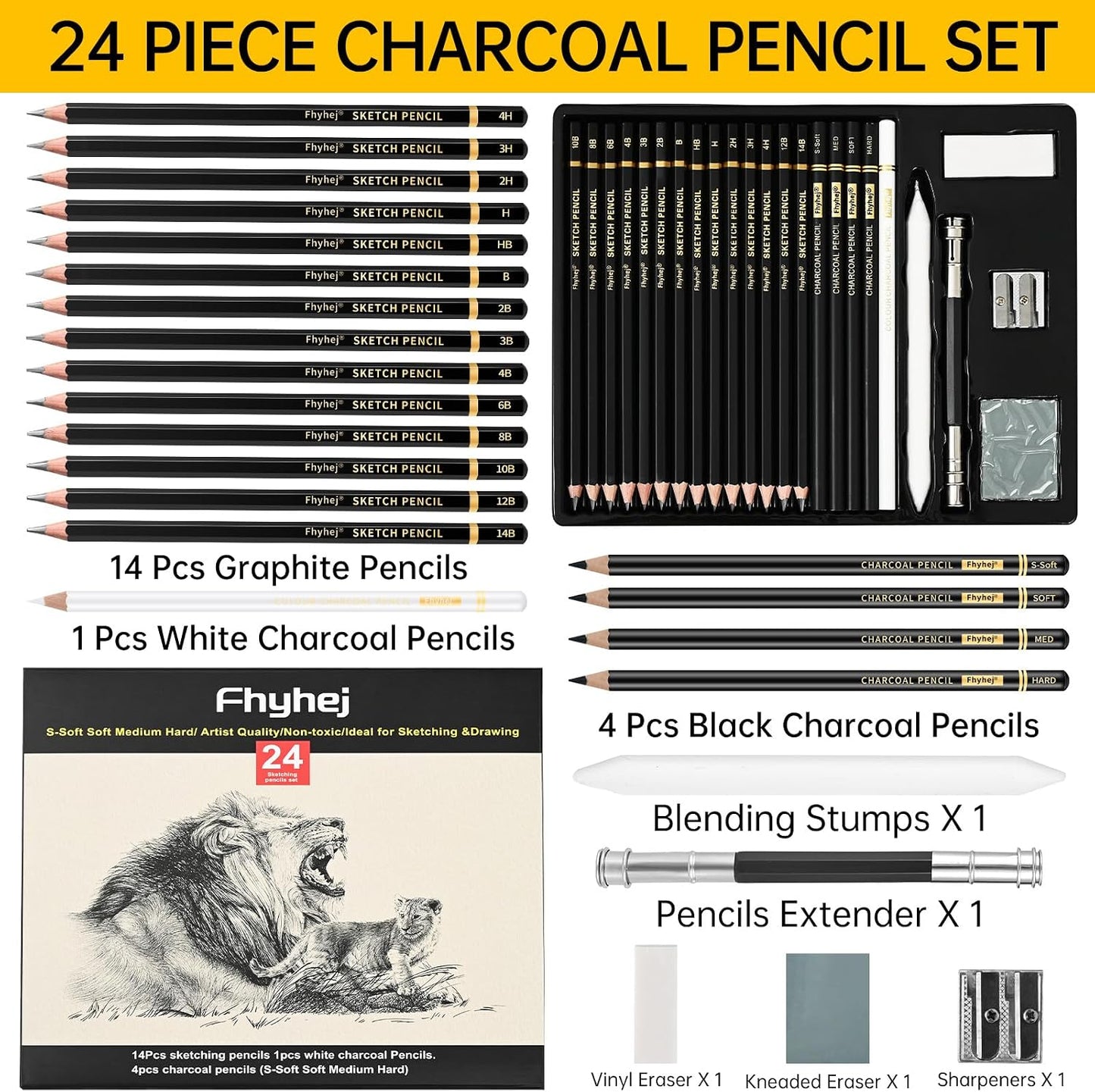 24 Piece Sketch Pencil Set, Graphite Charcoal for Shading Beginners | Graphite Pencils 14B-4H, Charcoal Pencils, White Charcoal, Art Supplies, Shading, Drawing, Sketching, Beginners & Artists