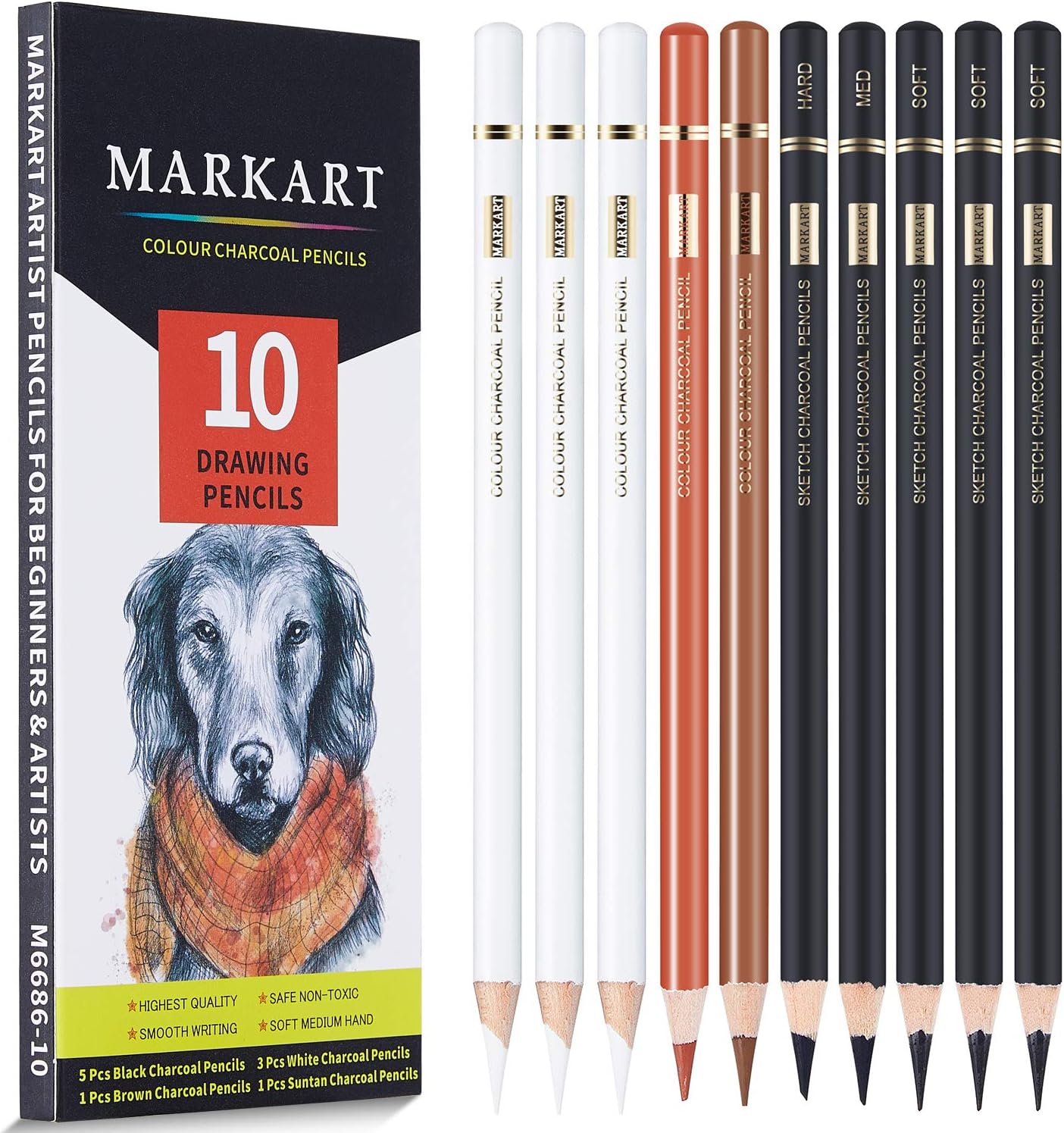 MARKART 10 Pack Professional Charcoal Pencils for Drawing | Black & White Charcoal Pencils for Sketching, Shading, Blending, Portrait, Pastel Chalk Pencils for Beginners & Artists