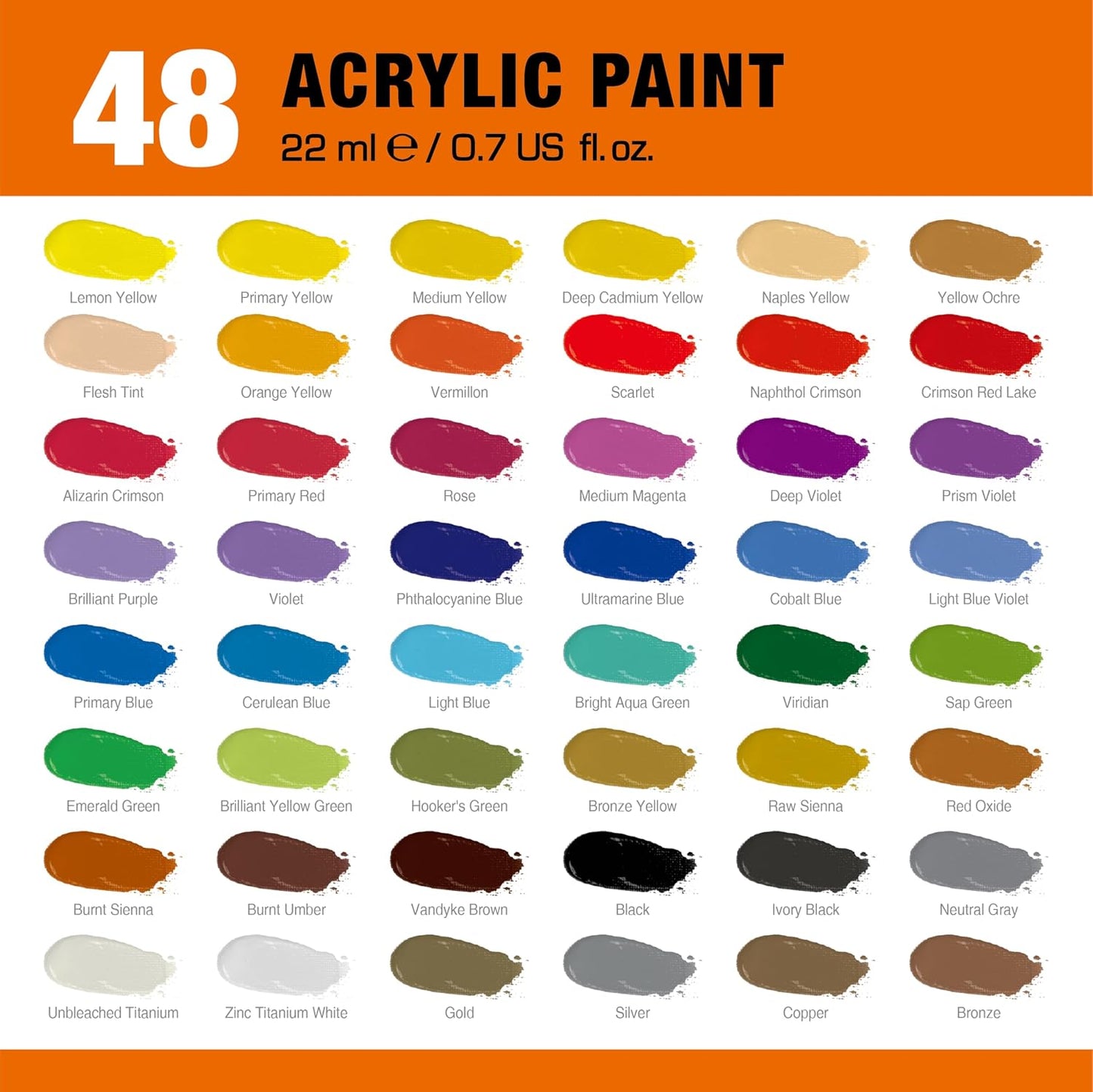 48 Colors Professional Acrylic Paint Set, Artist Paint Supplies | 22ml Tubes, Paint Set for Canvas, Crafts, Clay, Rocks, Paper etc., Basics Art Supplies, Giftable Set for Artists, Beginners