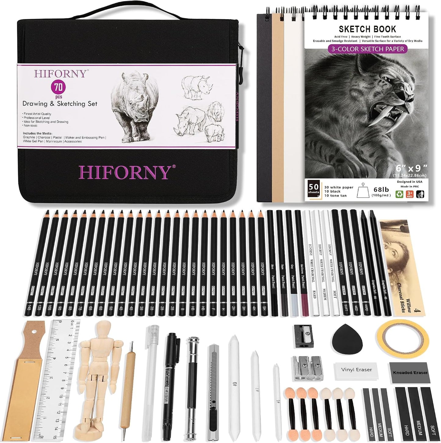 HIFORNY 70 PCS Drawing Set Sketching Kit,Sketch Pencils Art Supplies with Graphite,Charcoal,Blending Tools & Accessories,Portable Zippered Travel Case for Artists & Beginners